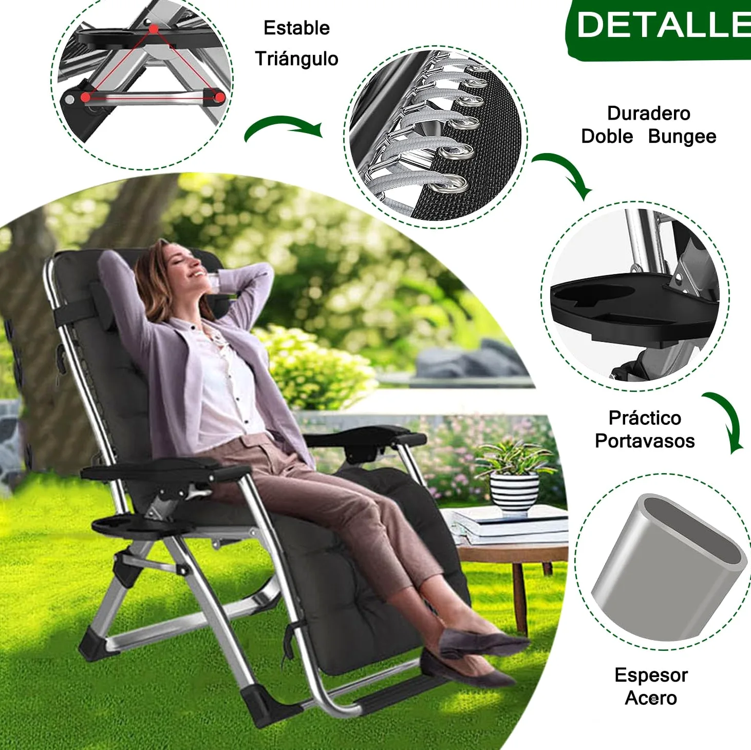 Sillas Gravedad Cero,Tumbona para Terraza Sillón De Jardín,con Reposacabeza Extraíble para Patio, Playa, Piscina,Soporte 440 Lbs. (con cojín Negro, Set de 1)