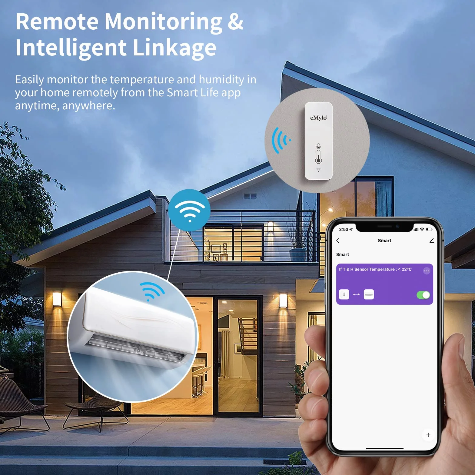 eMylo Termometro Humedad Interior WiFi, Higrometro Digital Sensor Temperatura con Monitor Remoto, APP Inteligente, funciona con Alexa/Google