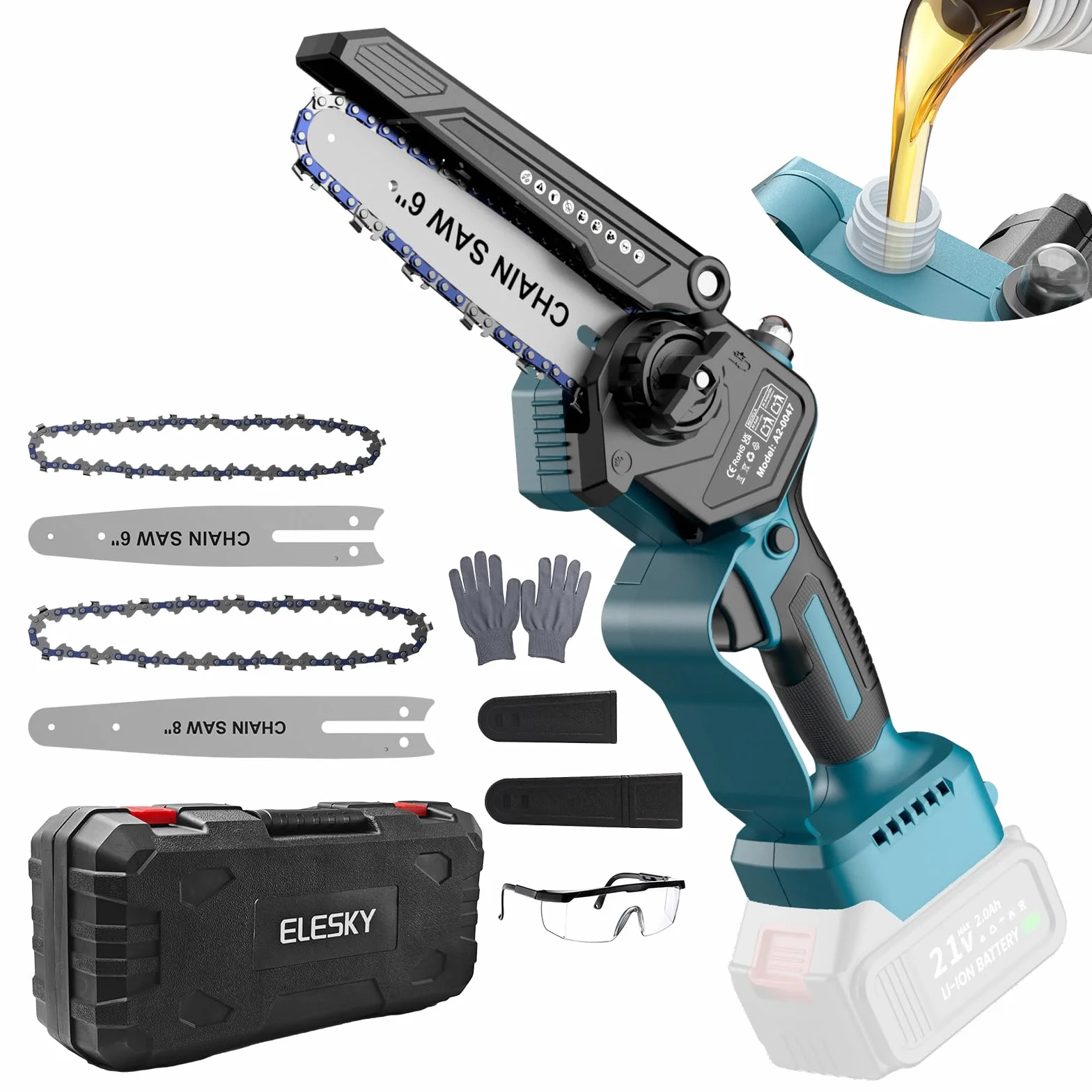 Motosierra a batería 6" - Motosierra de una mano con juego de 8" (2 en 1), engrasador automático, tensión de cadena sin herramientas, maletín, 2 barras guía y 2 cadenas con cubrecuchillas, sin batería