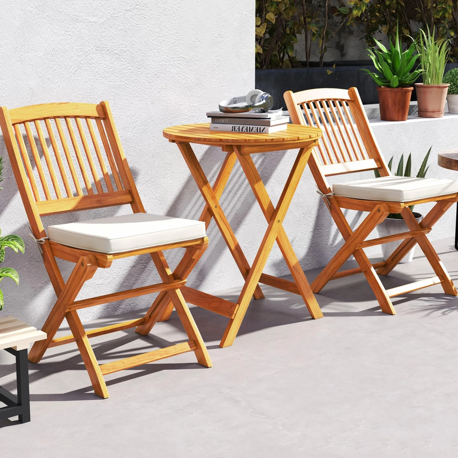 GIANTEX Set de Bistró Plegable 3 Piezas, Mesa y Sillas Terraza Madera Acacia con Cojines Removibles, Muebles Exterior Beige
