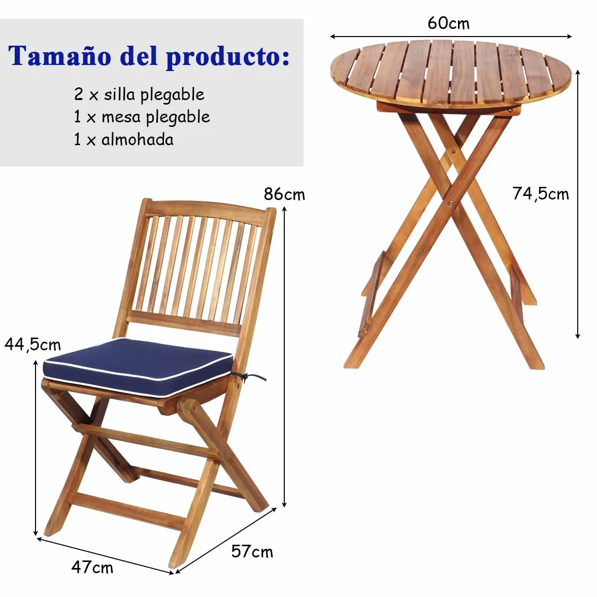 COSTWAY Juego de Mesa y 2 Sillas para Jardín Mueble de Madera Mesa Redonda Plegable Azul