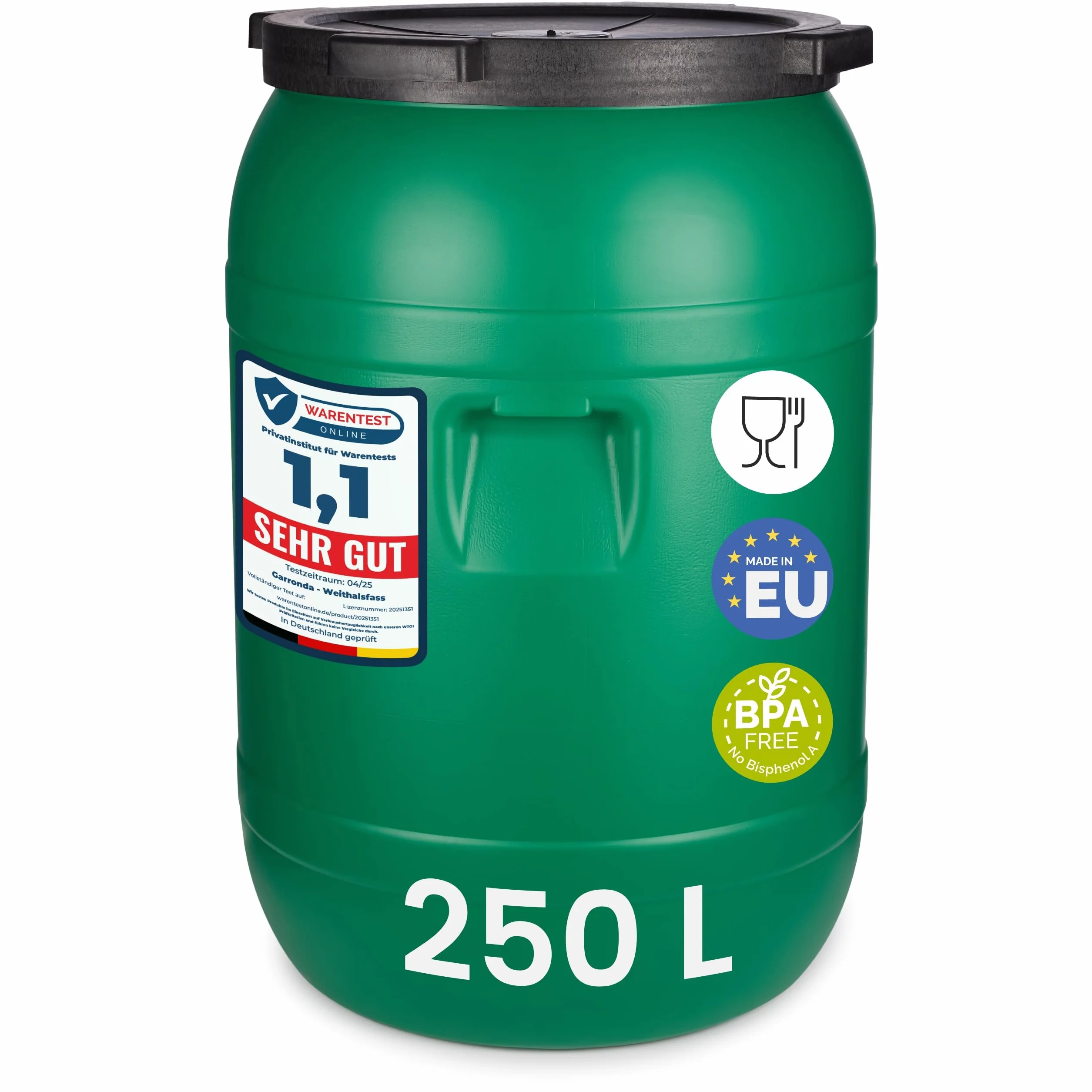 Bidón de plástico 250 litros HDPE sin BPA Barril alimentario boca ancha verde Garronda