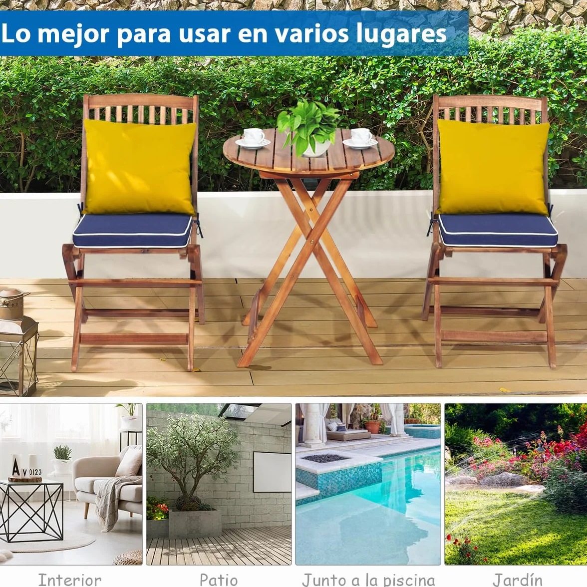 COSTWAY Juego de Mesa y 2 Sillas para Jardín Mueble de Madera Mesa Redonda Plegable Azul