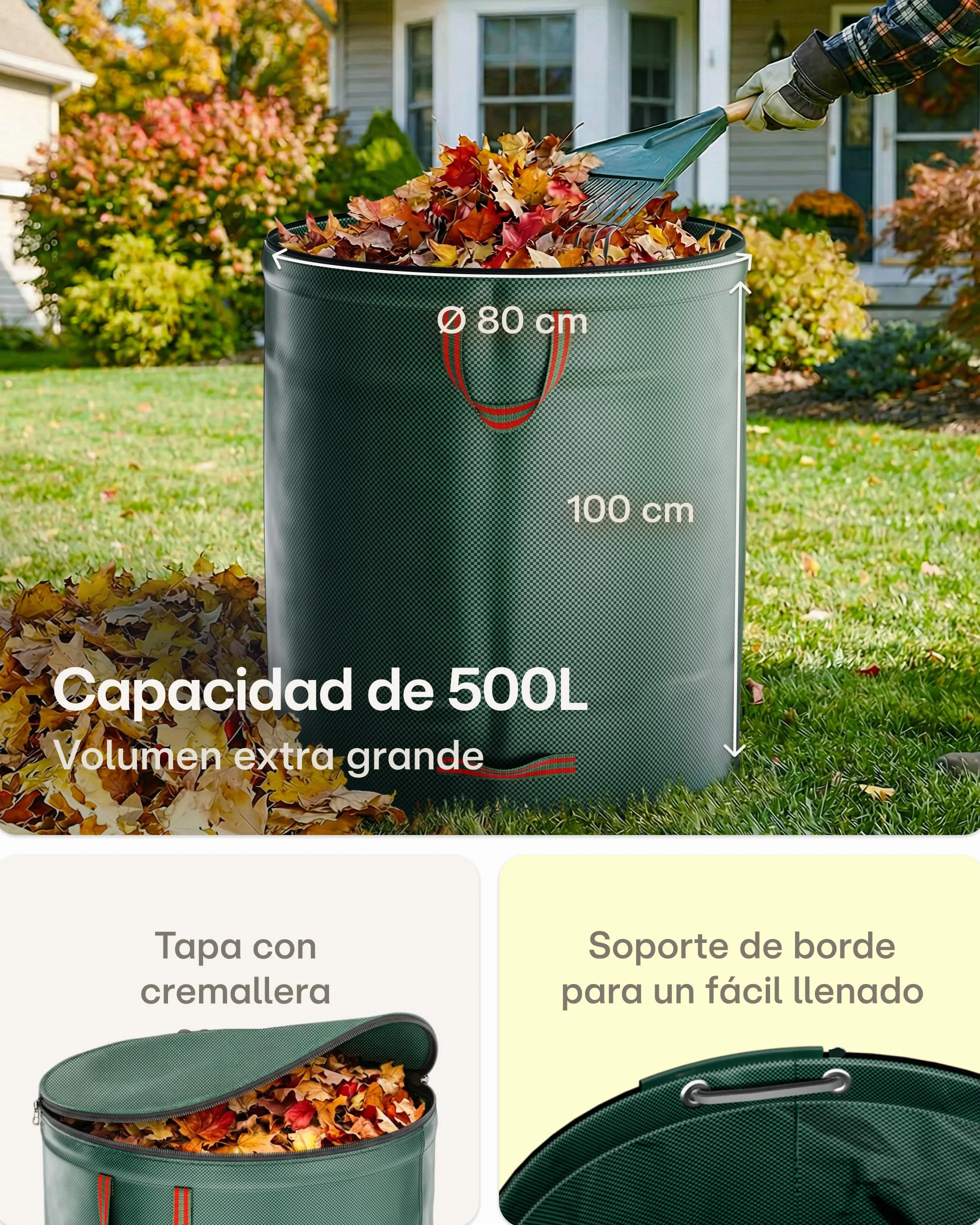 Praknu 500 L Bolsa Jardin Con Tapa Cremallera 4 Asas Resistentes Plegable Reutilizable Polipropileno XXL