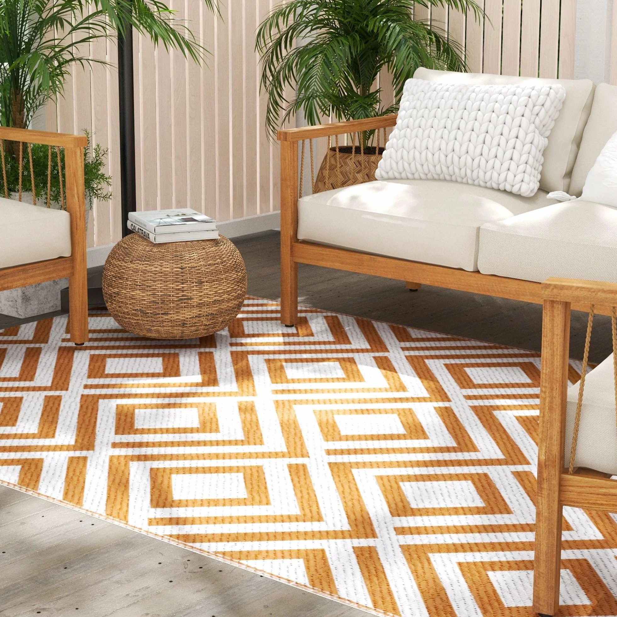 Outsunny Alfombra Exterior 182x274 cm Reversible Patrón Geométrico Rombos Impermeable Terraza Balcón Patio Rojo Blanco