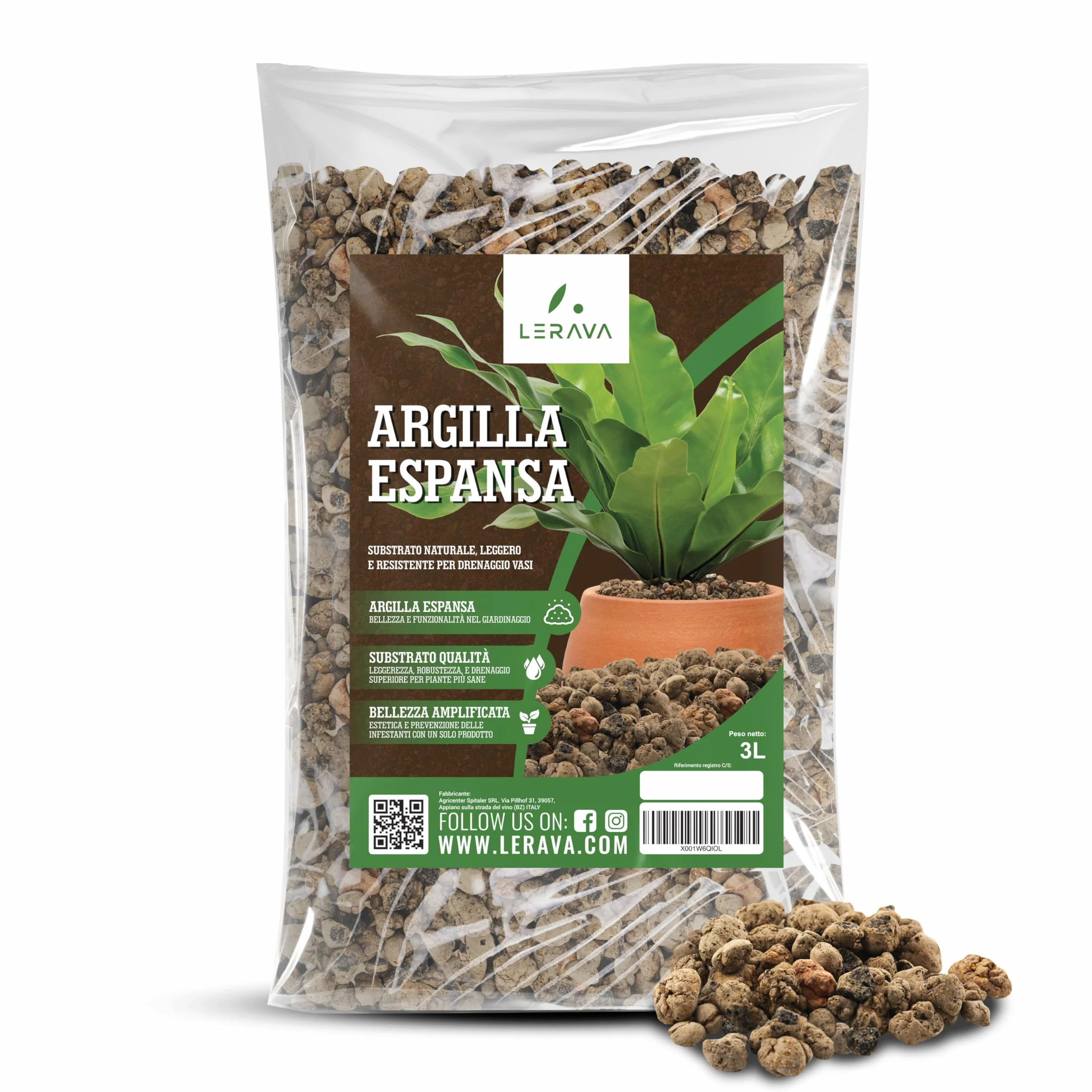 Arlita para Plantas Arcilla Expandida LERAVA (3L) Piedra Volcánica Decorativa y Sustrato de Drenaje