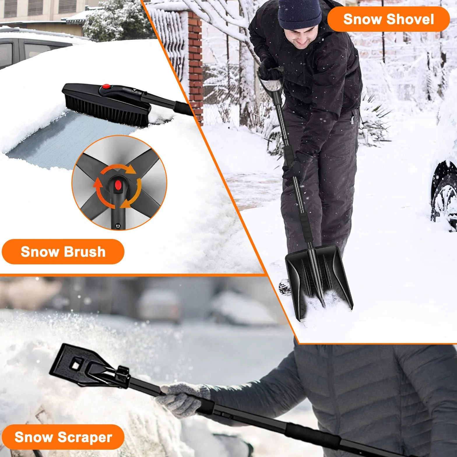 Pala de Nieve Ajustable 112 cm, Diseño Desmontable 3 Piezas, Mango en Forma de D para Coches, Camiones, Camping