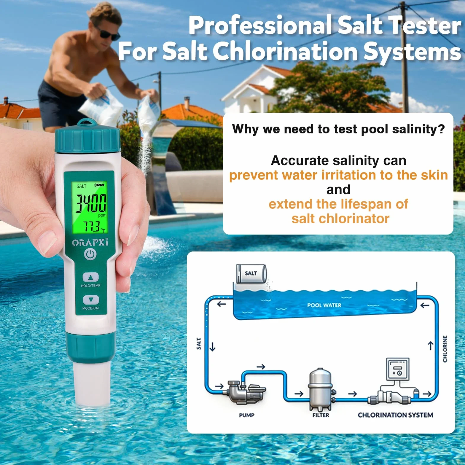 Probador de sal de piscina ORAPXI Medidor de pH y sal para piscina de agua salada Probador digital de pH y salinidad 5 en 1 Medidor de sal para piscinas Jacuzzis y spas de natación