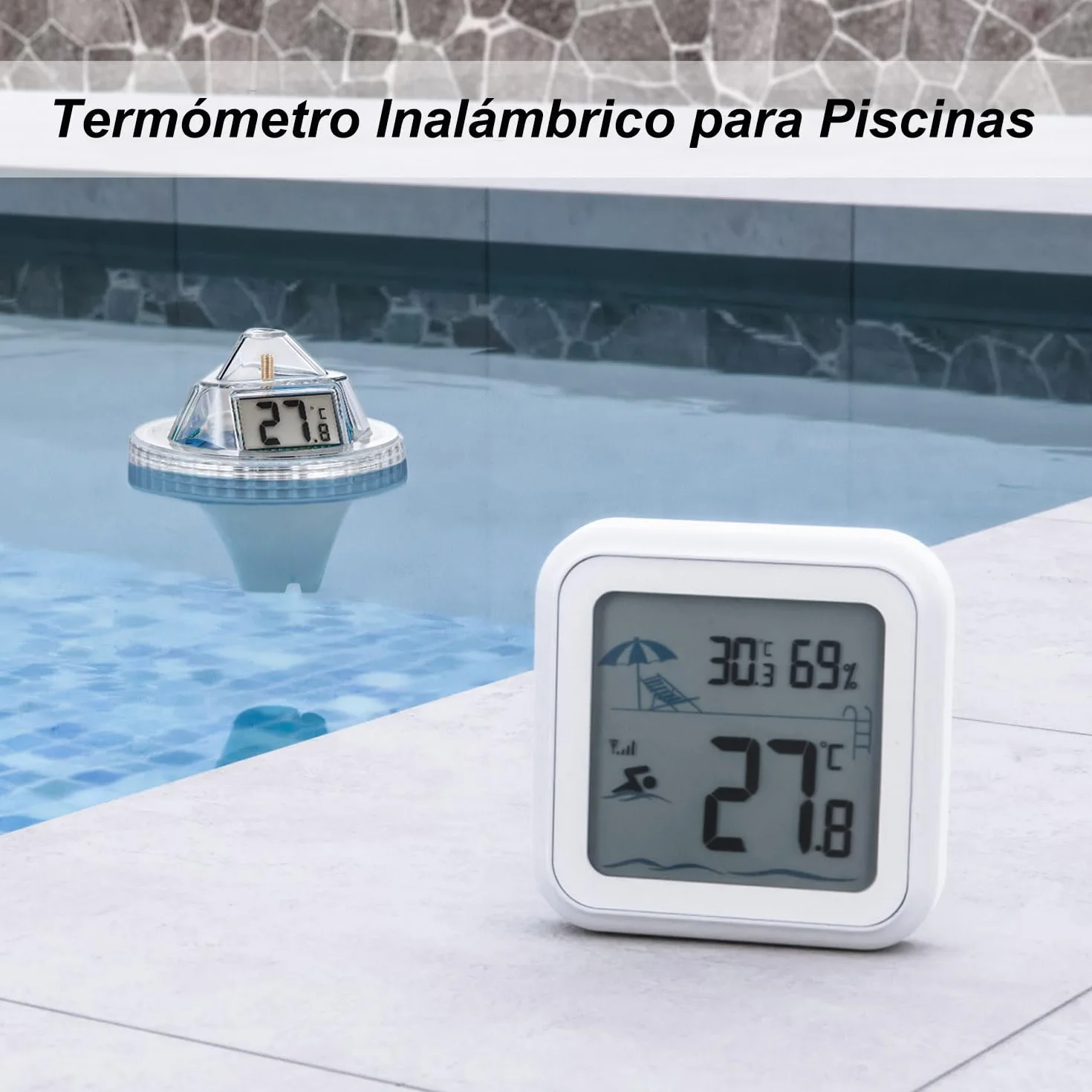Termómetro Flotante Inalámbrico para Piscina con 3 Pantallas LCD Monitor de Temperatura de Agua Exterior