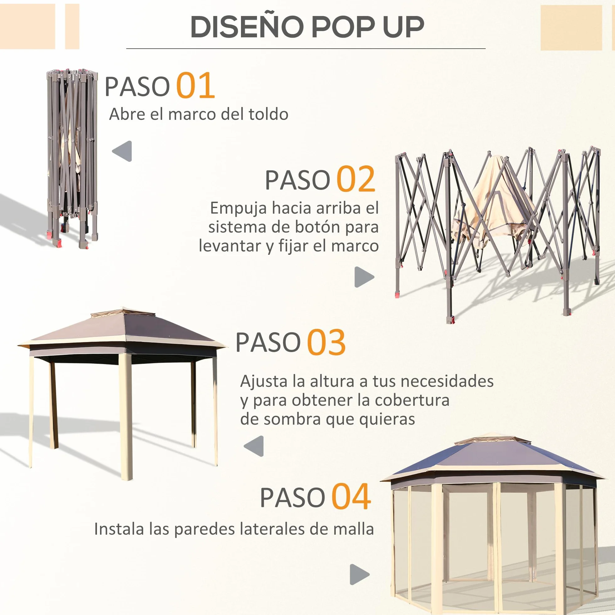Outsunny Carpa Plegable 4x3,4x2,85 m Cenador de Jardín Hexagonal con Doble Techo 6 Mosquiteras Desmontables Bolsa de Transporte Altura Ajustable en 3 Niveles y Anti-UV Gazebo para Fiesta Patio Beige