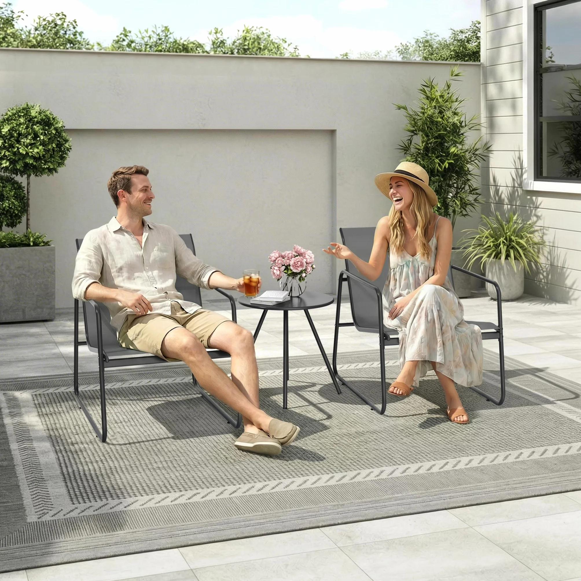 Pamapic Conjunto de Jardín de 3 Piezas, Muebles de Jardín con Mesa y 2 Sillas, Tejido Textilene Transpirable, Gris