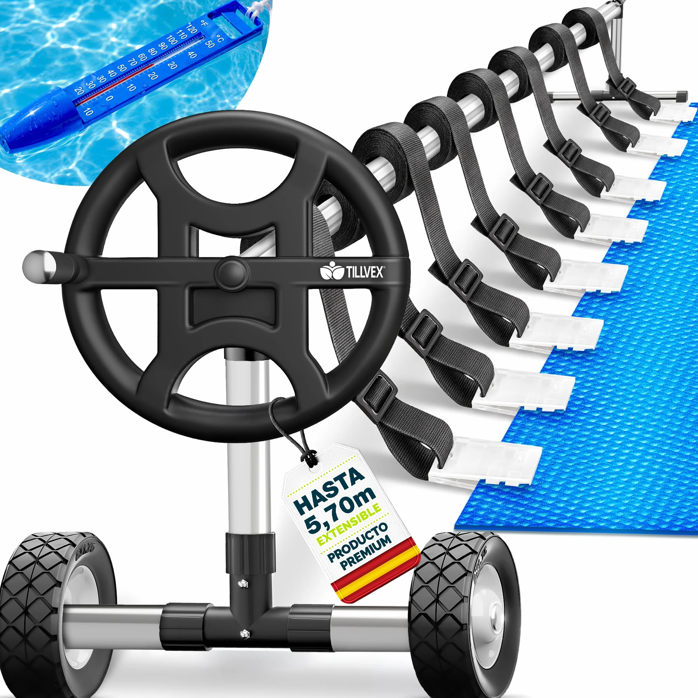 Tillvex Enrollador de Cubiertas para Piscinas 3-5,70 m con Neumáticos de Caucho Macizo y Termómetro