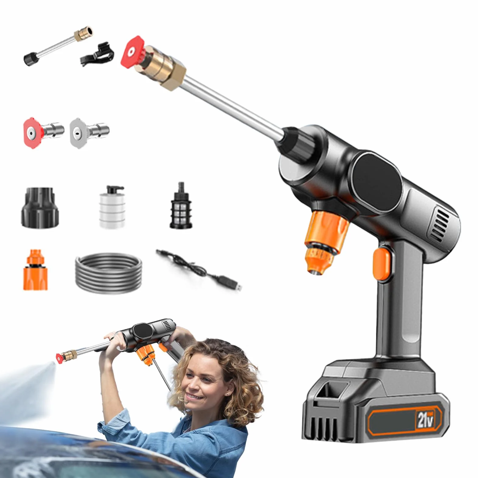 Hidrolimpiadora Sin Cable 21V Hidrolimpiadora Inalámbrica De Batería | Limpieza de Jardín Para La Limpieza De Coche Jardín Entrada Terraza Patio Exterior Industrial Y Comercial