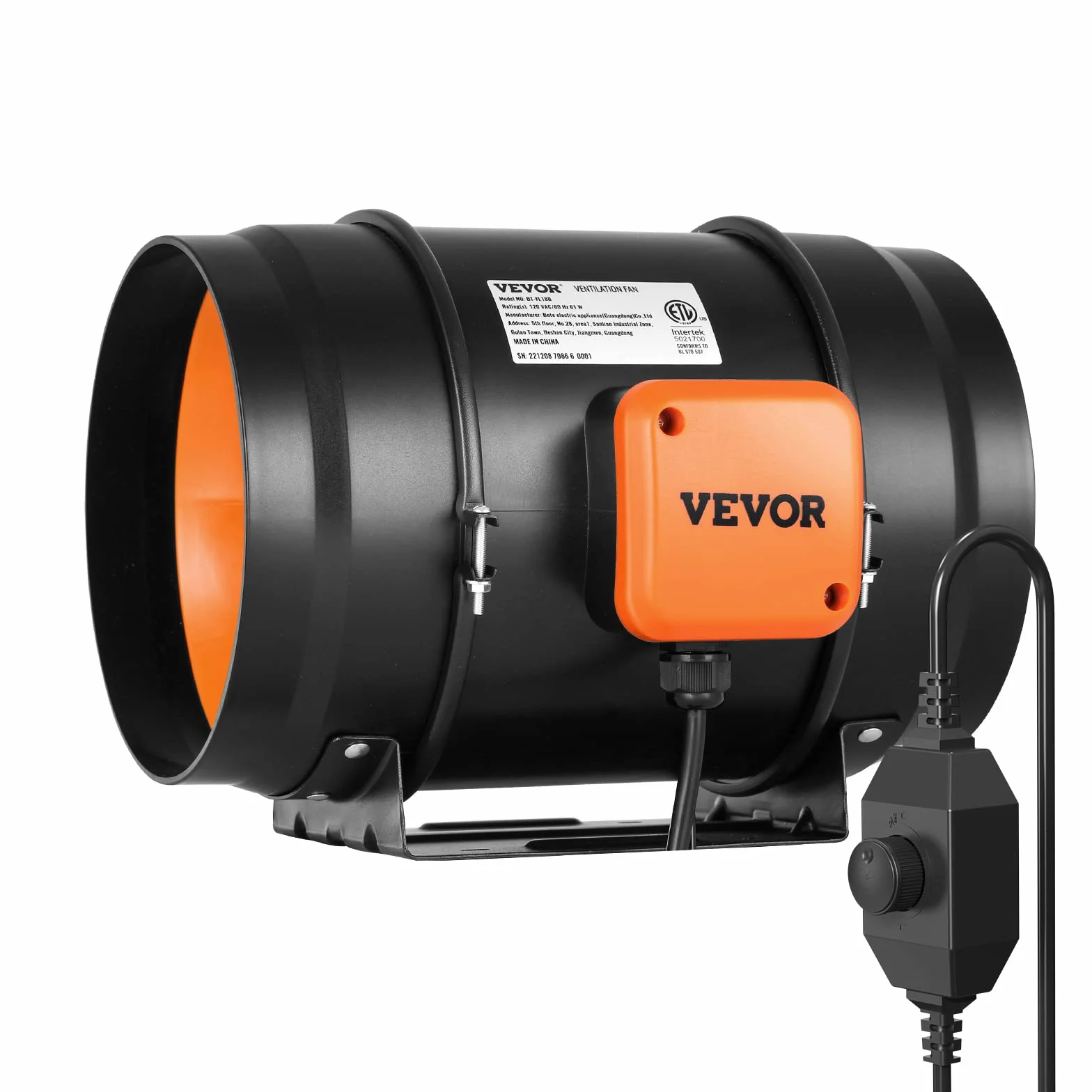 VEVOR Ventilador Silencioso de Conducto en Línea, 303 x 235 x 280 mm 506,2 CFM con Controlador de Velocidad Variable, con Motor de CA para Refuerzo de Refrigeración, Tiendas de Cultivo, Hidroponía