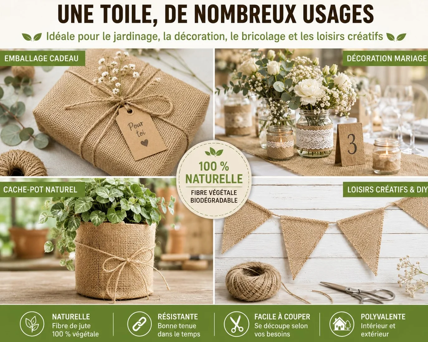 La cordeline CJN11C Rollo de Tela de Yute 275 gr/m² 1 m x 10 m