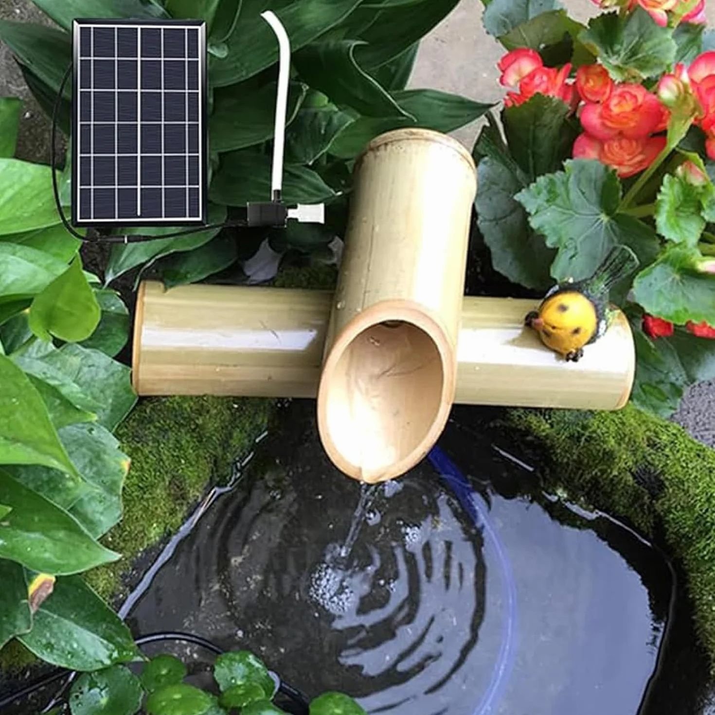 Kit De Fuente Solar De Bambú: Fuente De Agua Artesanal para Jardín Zen, Cascada Exterior Y Bomba Japonesa para Patio, Jardín, Bebedero para Pájaros, Estanque Y Decoración 7.9in(20cm)
