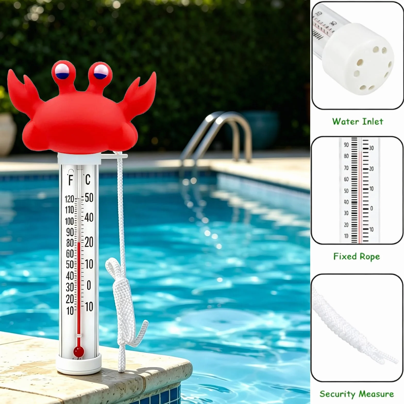 Termómetro de agua flotante para piscina, diseño de dibujos animados, resistente a roturas con cuerda, Cangrejo