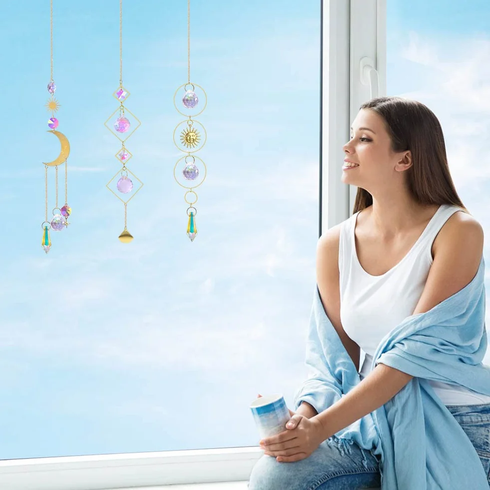 OFFCUP Atrapasueños de cristal 3 piezas prisma arcoíris campanillas de viento para ventana dormitorio jardín