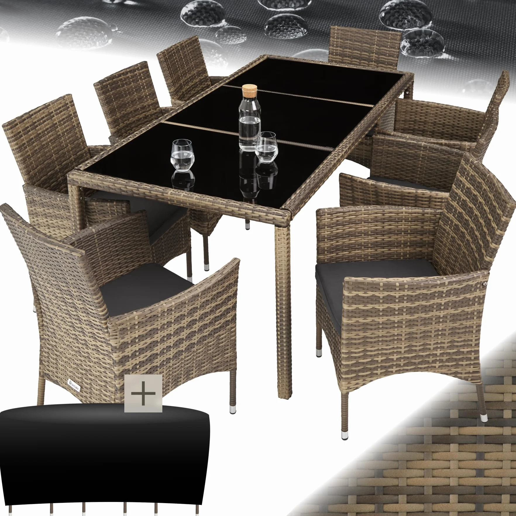 tectake® Conjunto Jardín Exterior de Ratán y Acero con Cojines, Muebles Jardín Exterior Resistentes a Intemperie, para hasta 8 Personas, Fácil Limpieza - Natural/Gris
