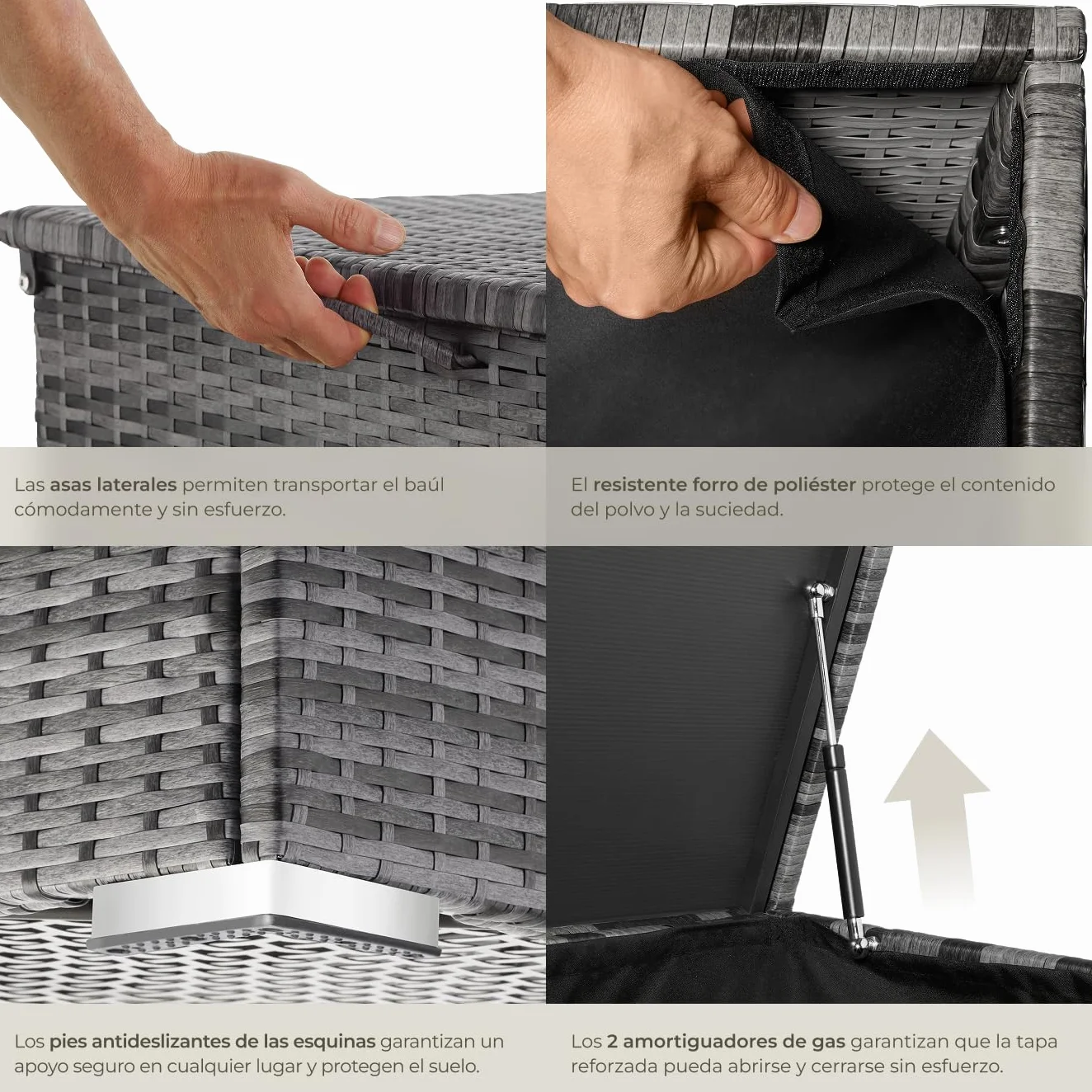 Tectake Baúl de Almacenaje Exterior 750 l, Arcón de Poli Ratán Resistente, Cofre para Jardín Terraza - Gris