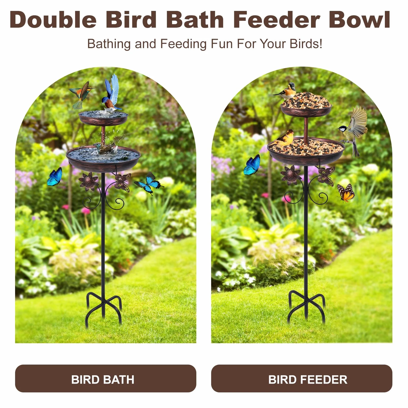 Comedero y Bebedero para Pájaros Exterior 106cm Doble Función Base 5 Puntas Cuenco Metálico Extraíble Antihielo