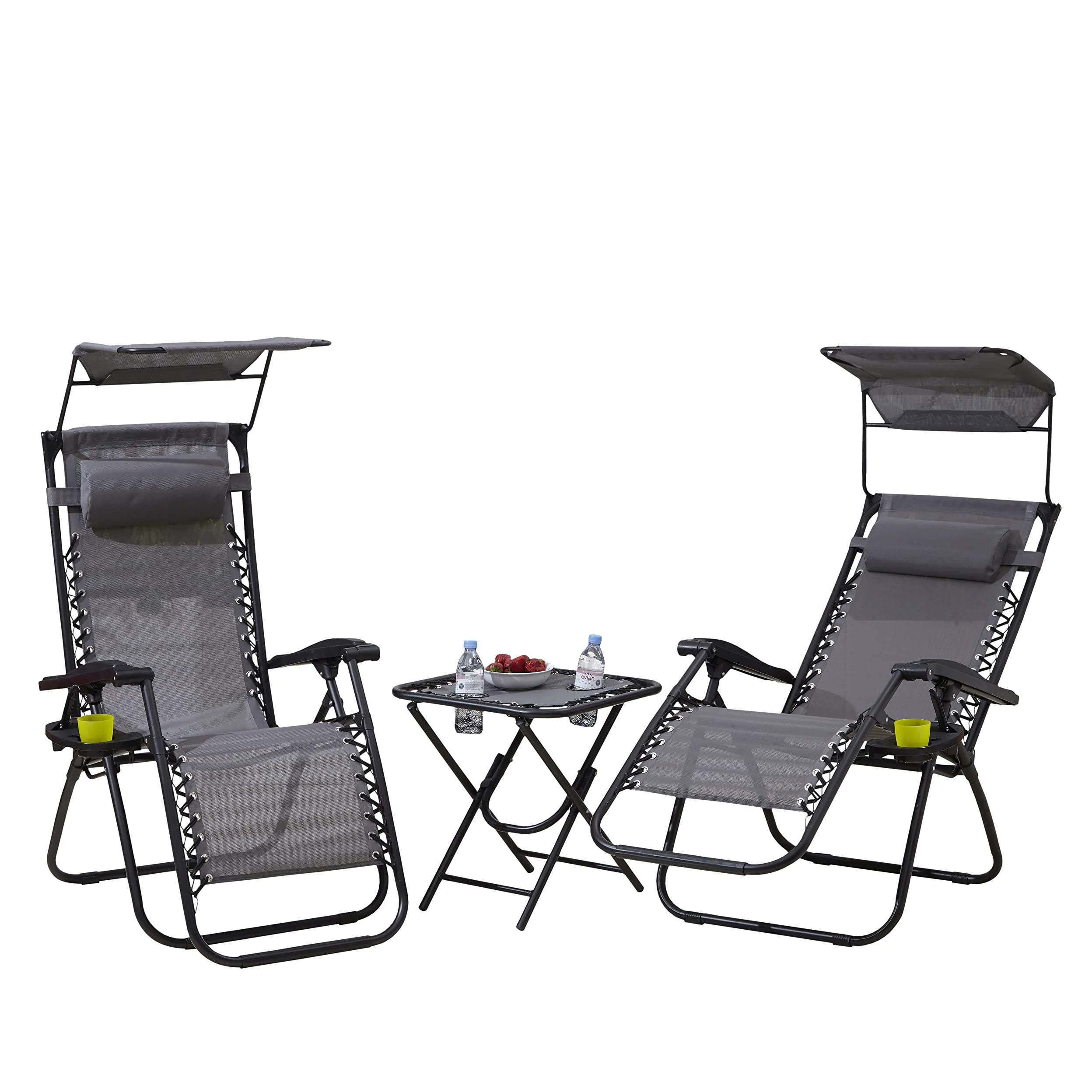 Neo Juego de 3 sillas plegables portátiles de gravedad cero, tumbonas, portavasos, reclinables, jardín, patio, campamento al aire libre (gris)
