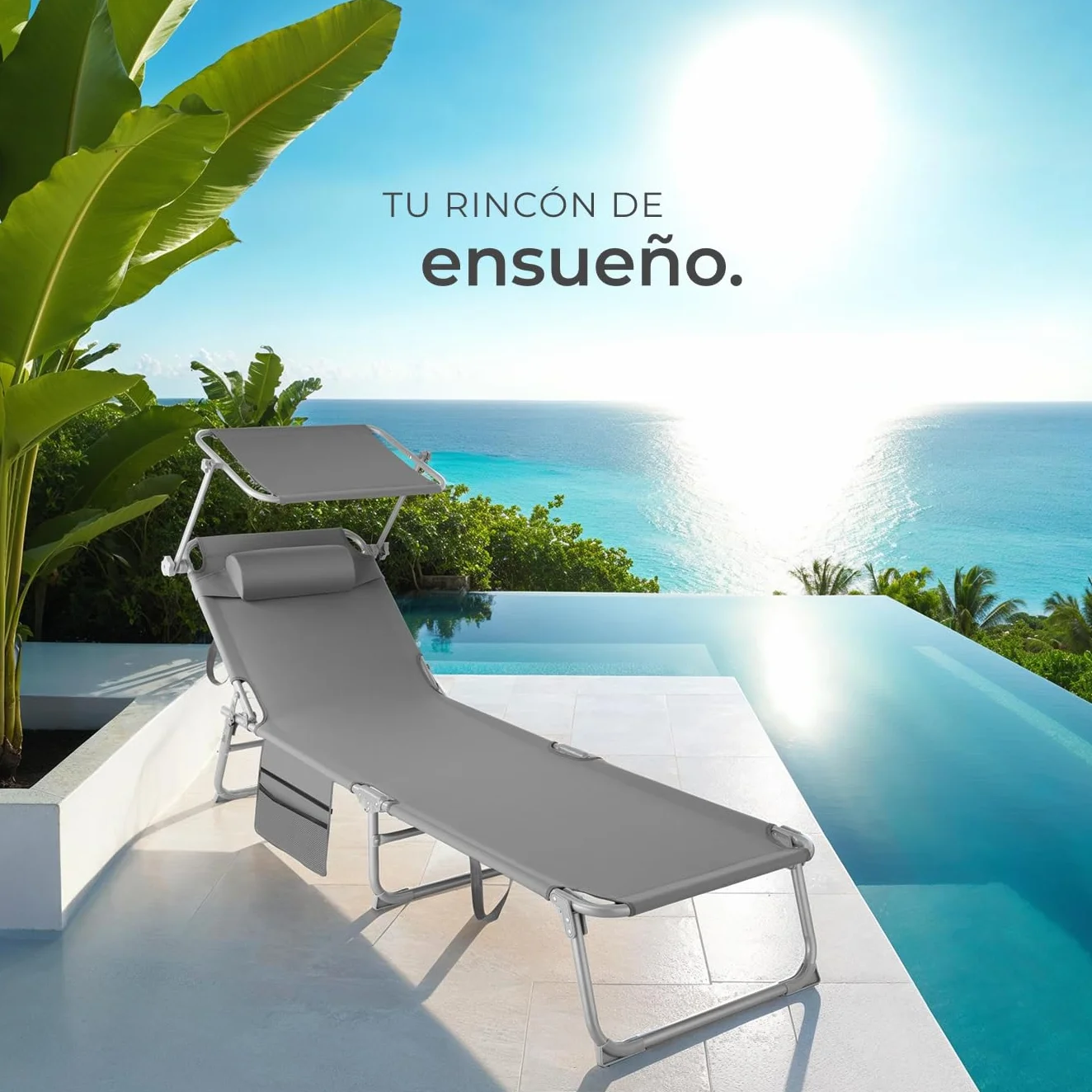 Tectake Tumbona Jardín Exterior Acero Plegable Reposacabezas Parasol Bolsillo Lateral Reclinable 6 Posiciones Resistente Intemperie Gris