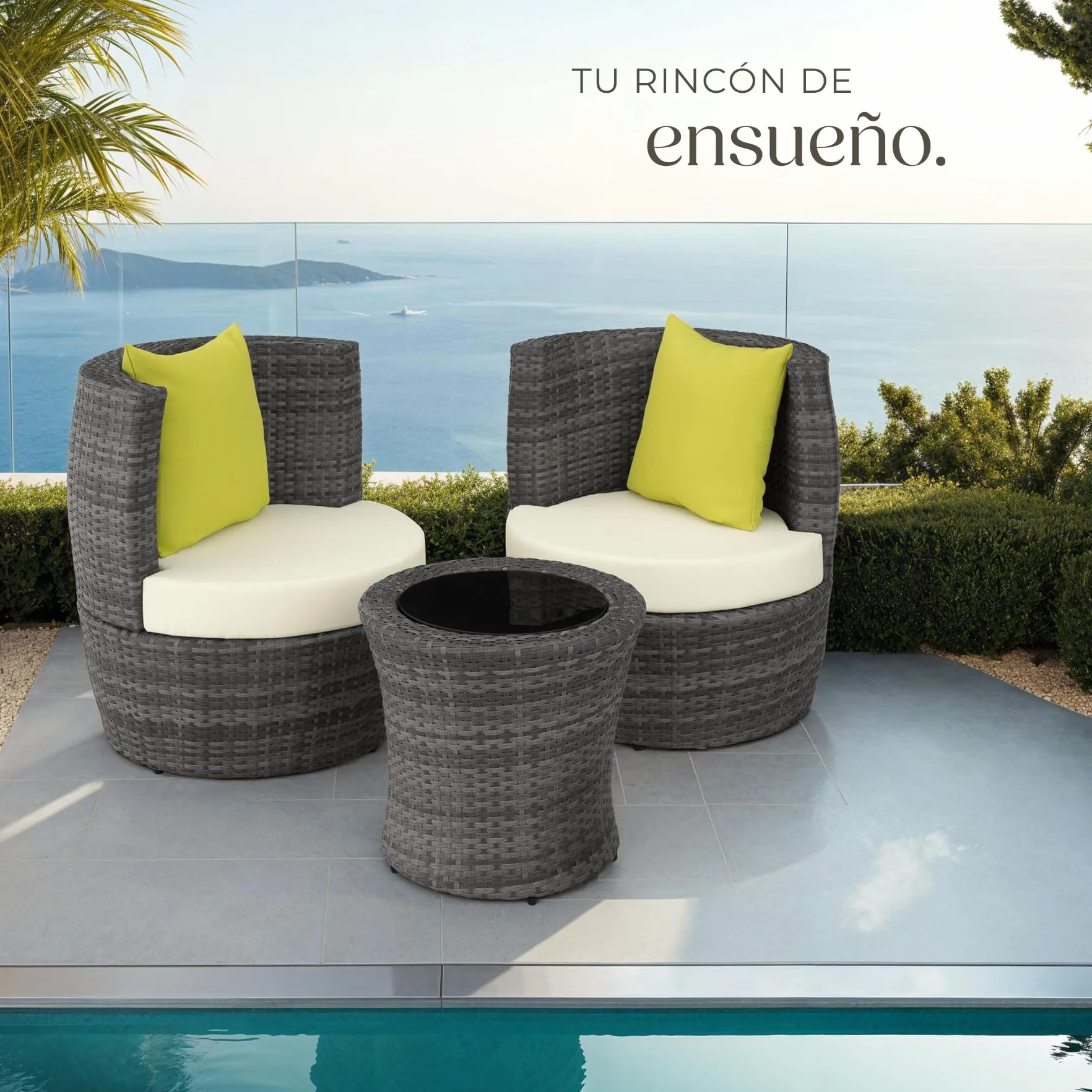 tectake® Conjunto Jardín Exterior de Ratán y Aluminio, Muebles Jardín Exterior Resistente a la Intemperie, 2 Sillas con Cojines, Mesa Cristal, Compacto, Asas en Respaldo Compacto - Gris