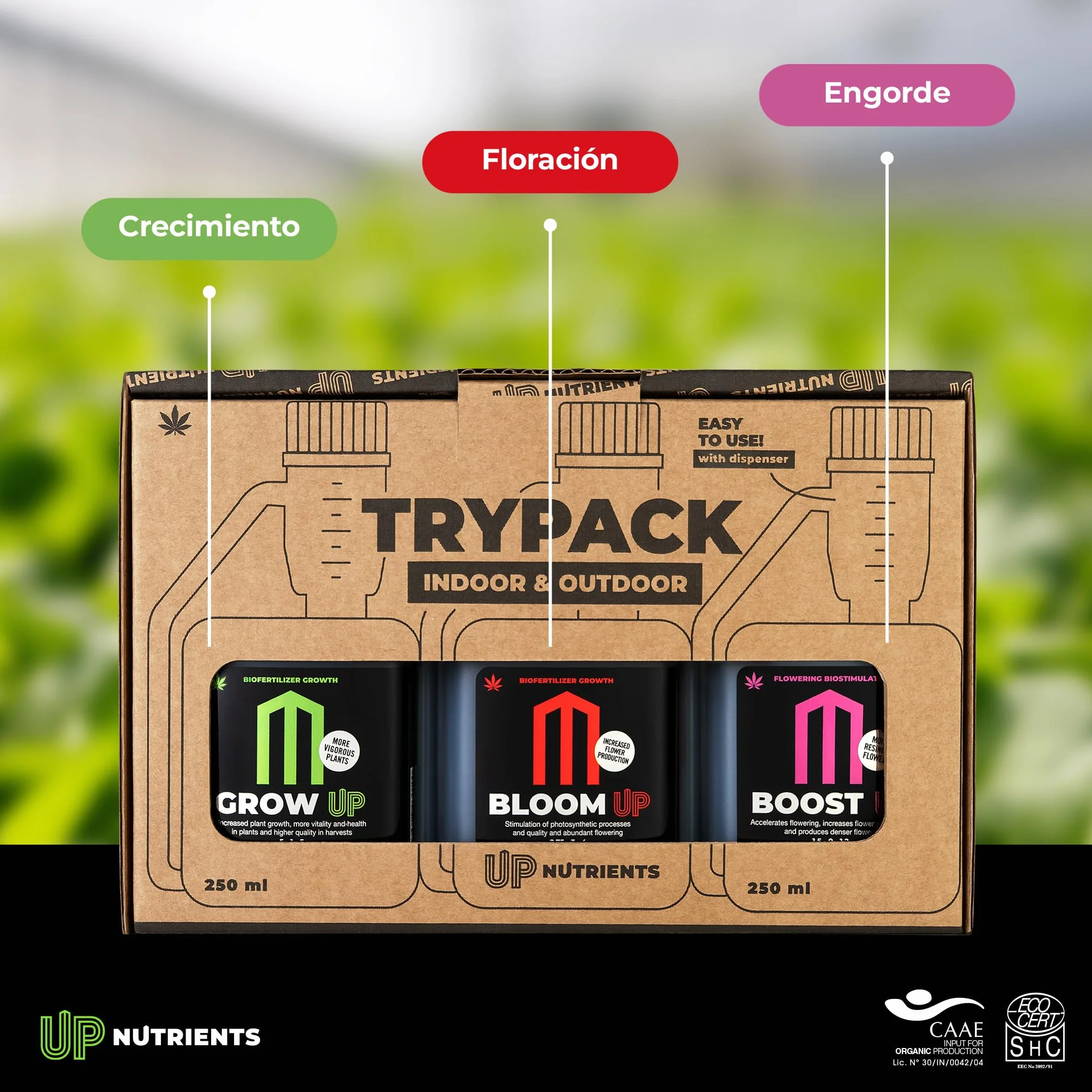 UP NUTRIENTS Trypack Fertilizante Grow Bloom Boost 250 ml Abono Orgánico Indoor Outdoor Enraizamiento Crecimiento Floración Cogollos Estimulador Flores Plantas