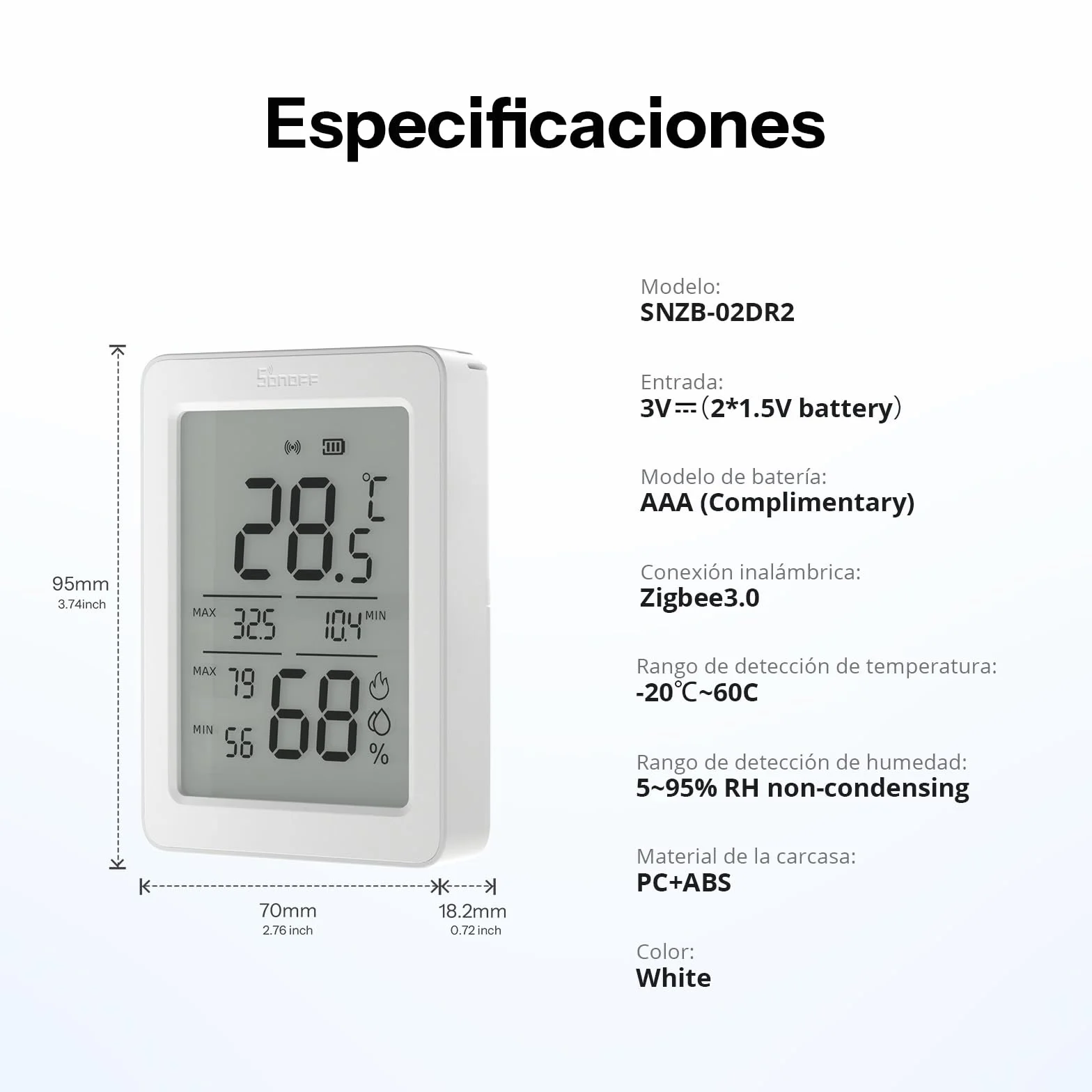 SONOFF SNZB-02DR2 Sensor Zigbee Temperatura y Humedad, Pantalla LCD 3,6 Pulgadas, Termómetro Higrómetro con Alertas App
