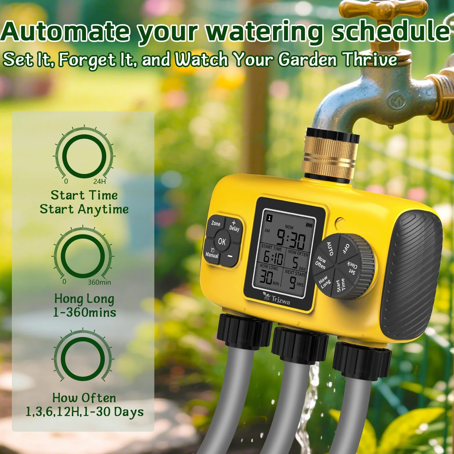 Programador de Riego Automático 3 Salidas IP65 Pantalla LCD Retardo de Lluvia