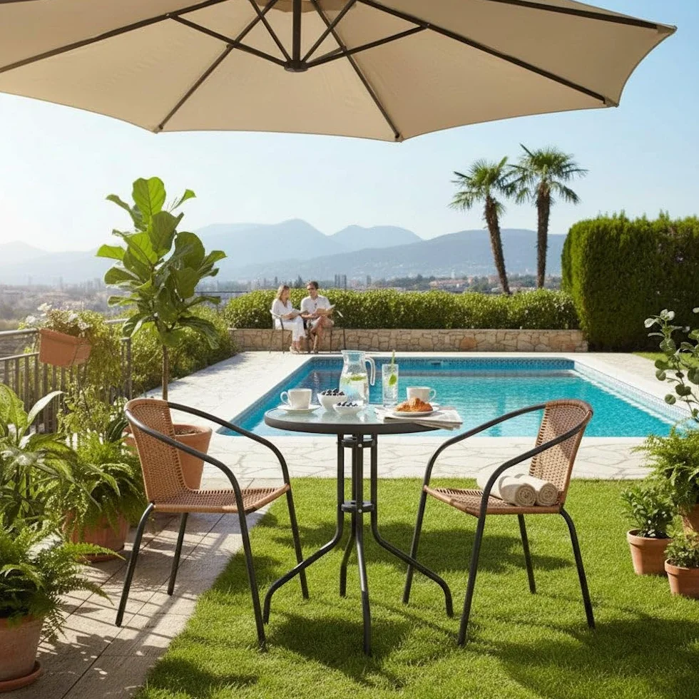 LOLAhome Conjunto Jardín Exterior Mesa y 2 Sillas Cristal Templado Ø60cm Ratan Natural Apilables