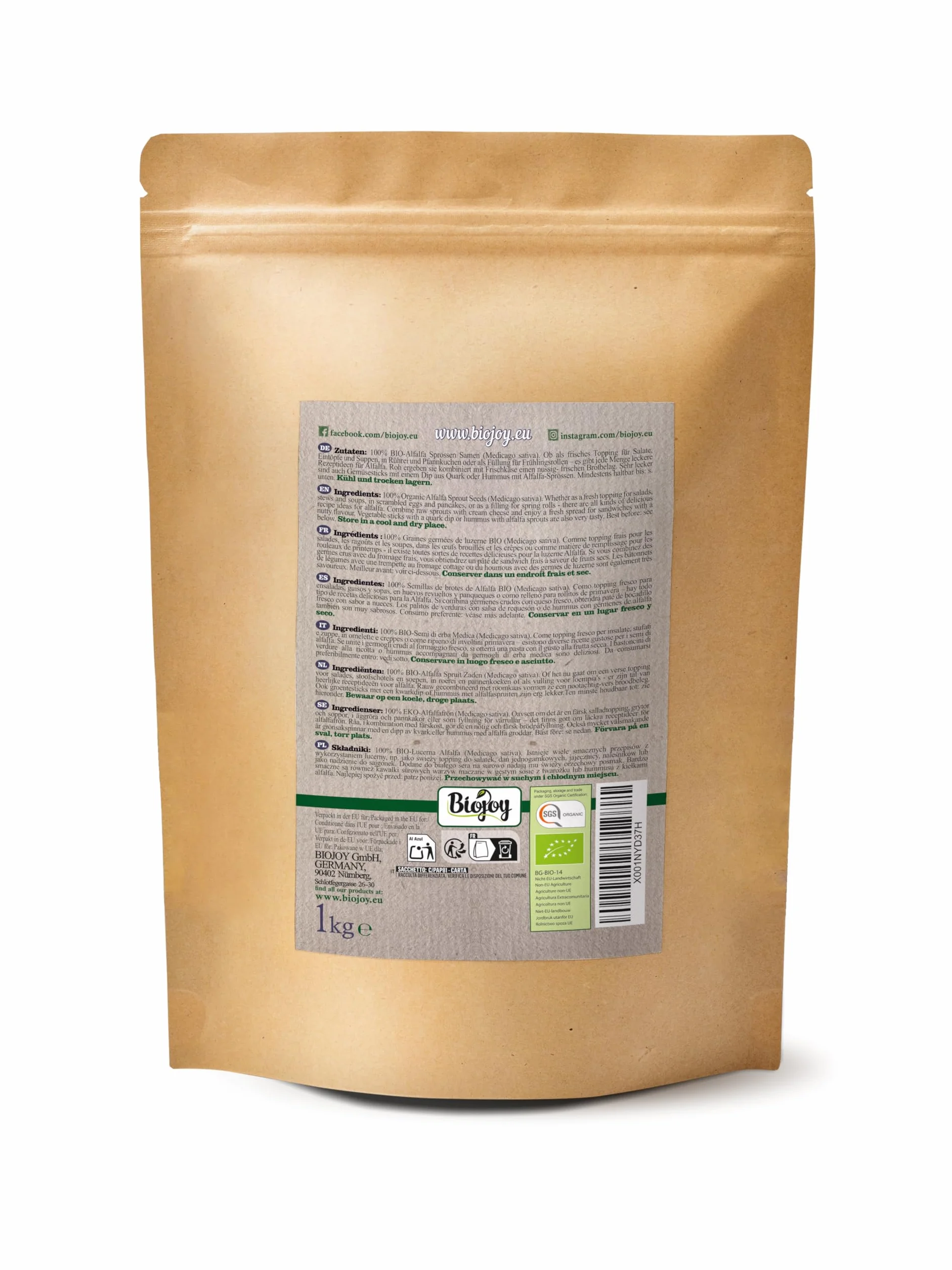 Biojoy Semillas de Alfalfa Orgánicas 1 kg Crudas Sin Aditivos