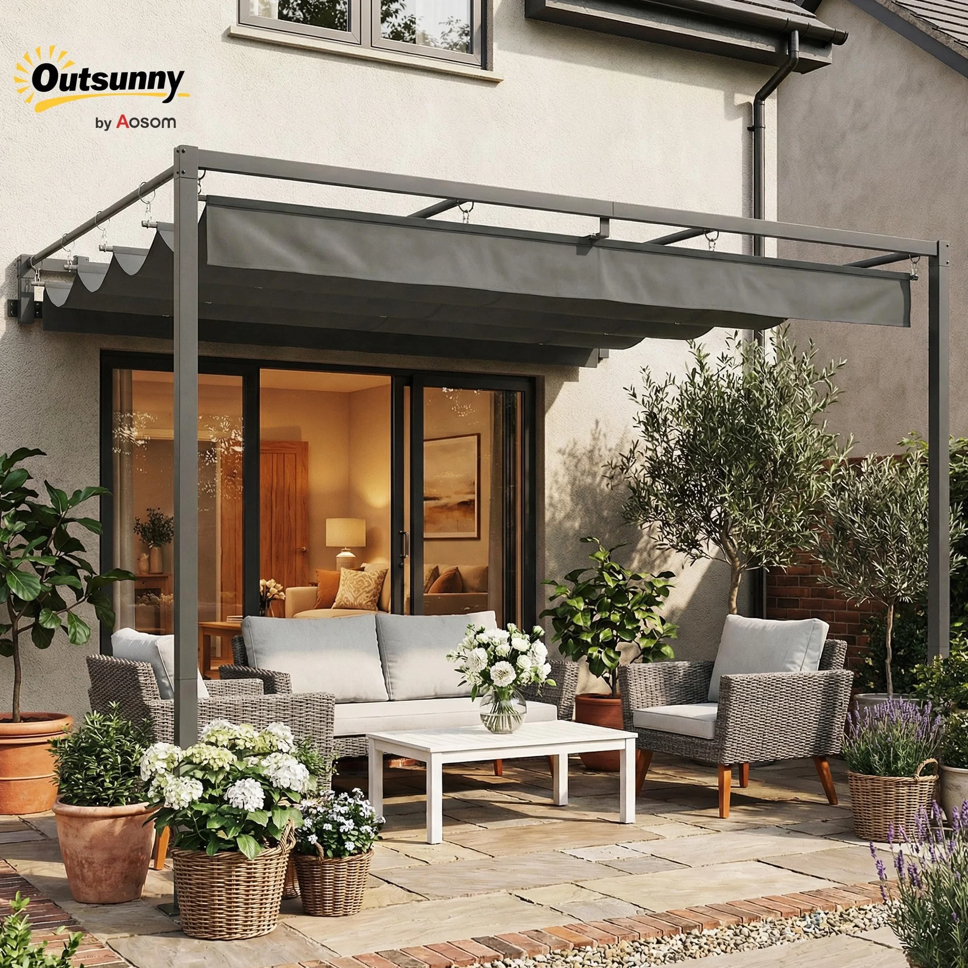 Outsunny Pérgola de Pared de Jardín 3x3 m, Cenador con Techo Retráctil, UPF30+, Estructura de Acero, Gris Oscuro
