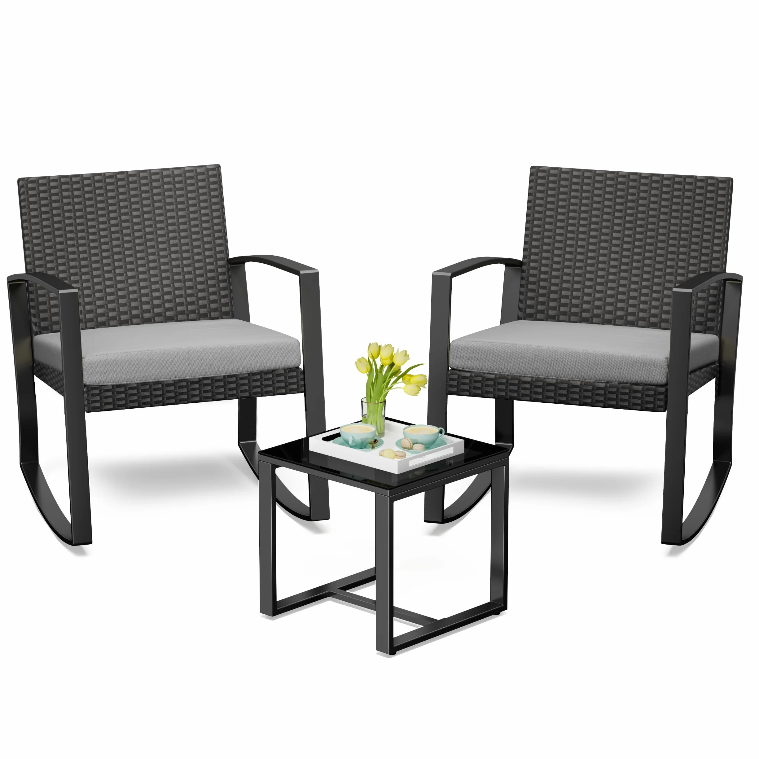 Bealife Conjunto Muebles de Jardín 3 Piezas, 2 Sillas Mecedoras de Ratán Sintético con Cojines y 1 Mesa Auxiliar, Juego de Balcón, Terraza y Patio, Exterior Resistente a la Intemperie (Gris)