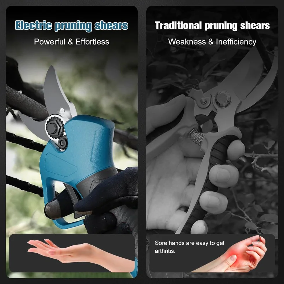 Powtree Tijeras de podar eléctricas con batería de 45 mm para BL1830 18 V (sin batería), motor sin escobillas, sierra de podar eléctrica, tijeras con batería, pantalla LCD para podar árboles y árboles