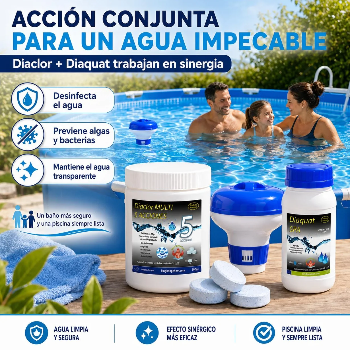 DIACLOR Kit Cloro Piscinas Pequeñas Multi 5 ACCIONES 500 GR Pastillas 20 GR SIN Cobre Antialgas DIAQUAT SPA 500 ML DOSIFICADOR