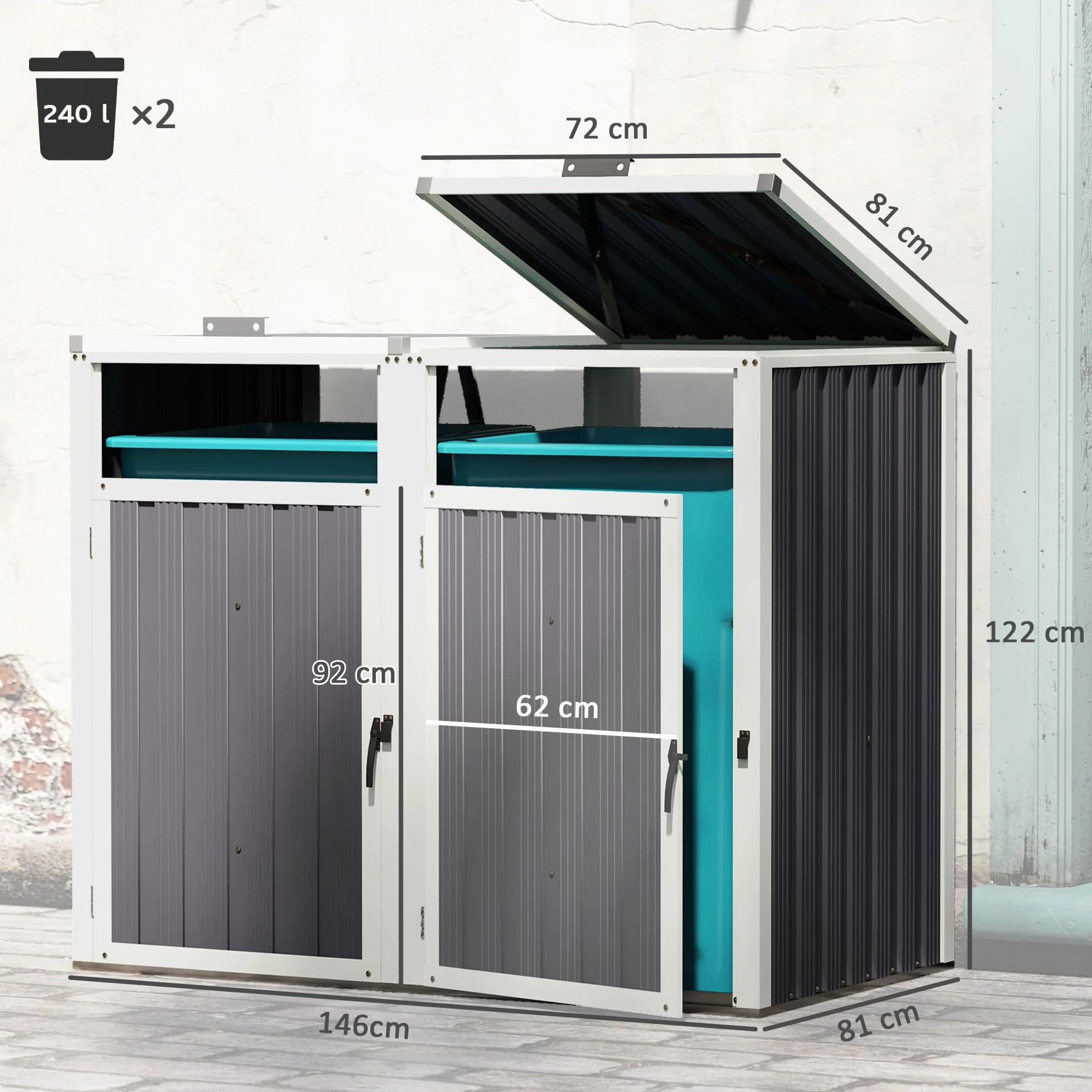 Outsunny Cobertizo para 2 Cubos de Basura 240L, Acero Galvanizado, 73x81x122 cm, Gris Oscuro