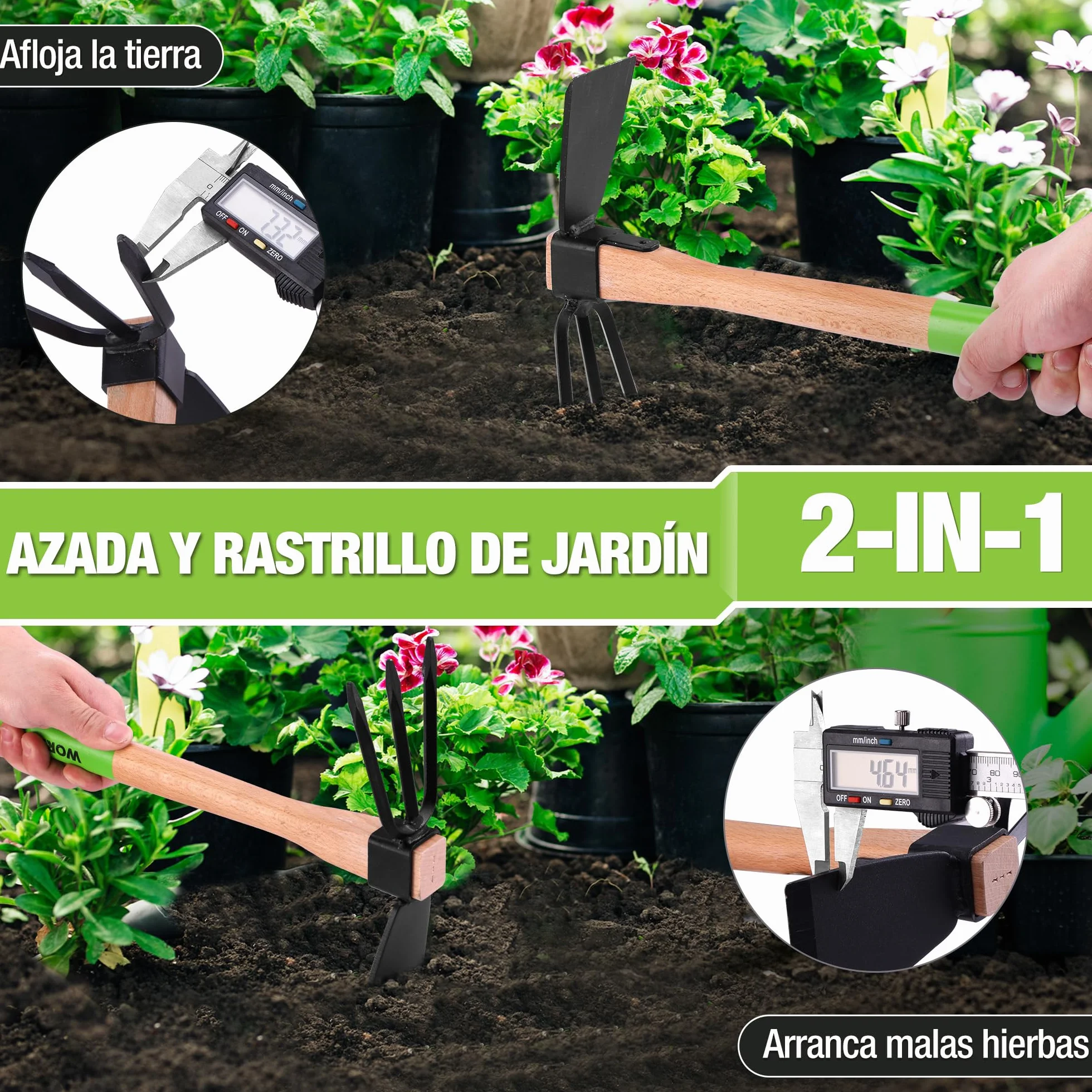 WORKPRO Azada Doble Jardín 2 en 1 Acero Cultivador 3 Dientes Mango Madera 36 cm Jardinería