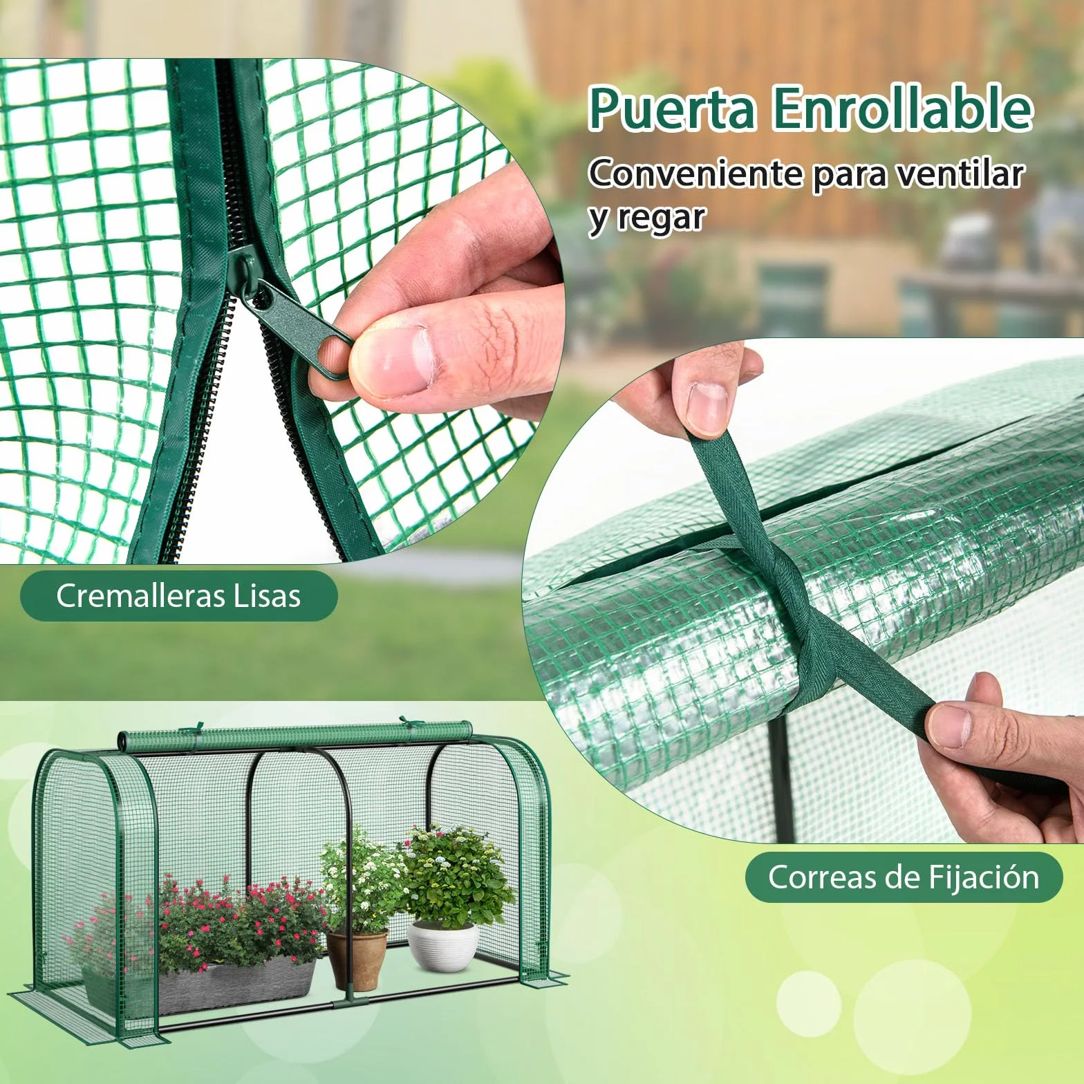 GOPLUS Mini Invernadero Portátil, 118 x 55 x 60 cm, Invernadero Exterior con Puerta Enrollable, Estacas de Tierra, Estructura de Metal, Cubierta PE Impermeable, para Verduras Flores Plantas (Verde)