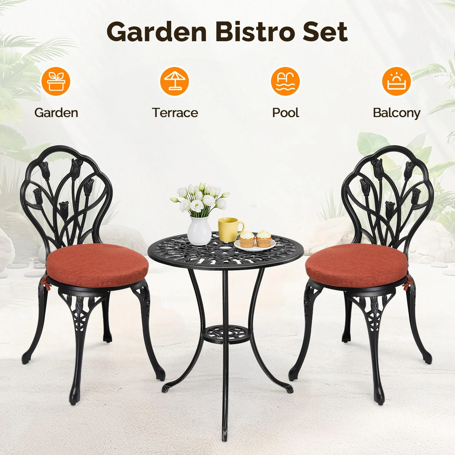 Bonnlo Juego Muebles de Jardín 3 Piezas Aluminio Fundido Mesa Redonda 2 Sillas Exterior Terraza Negro