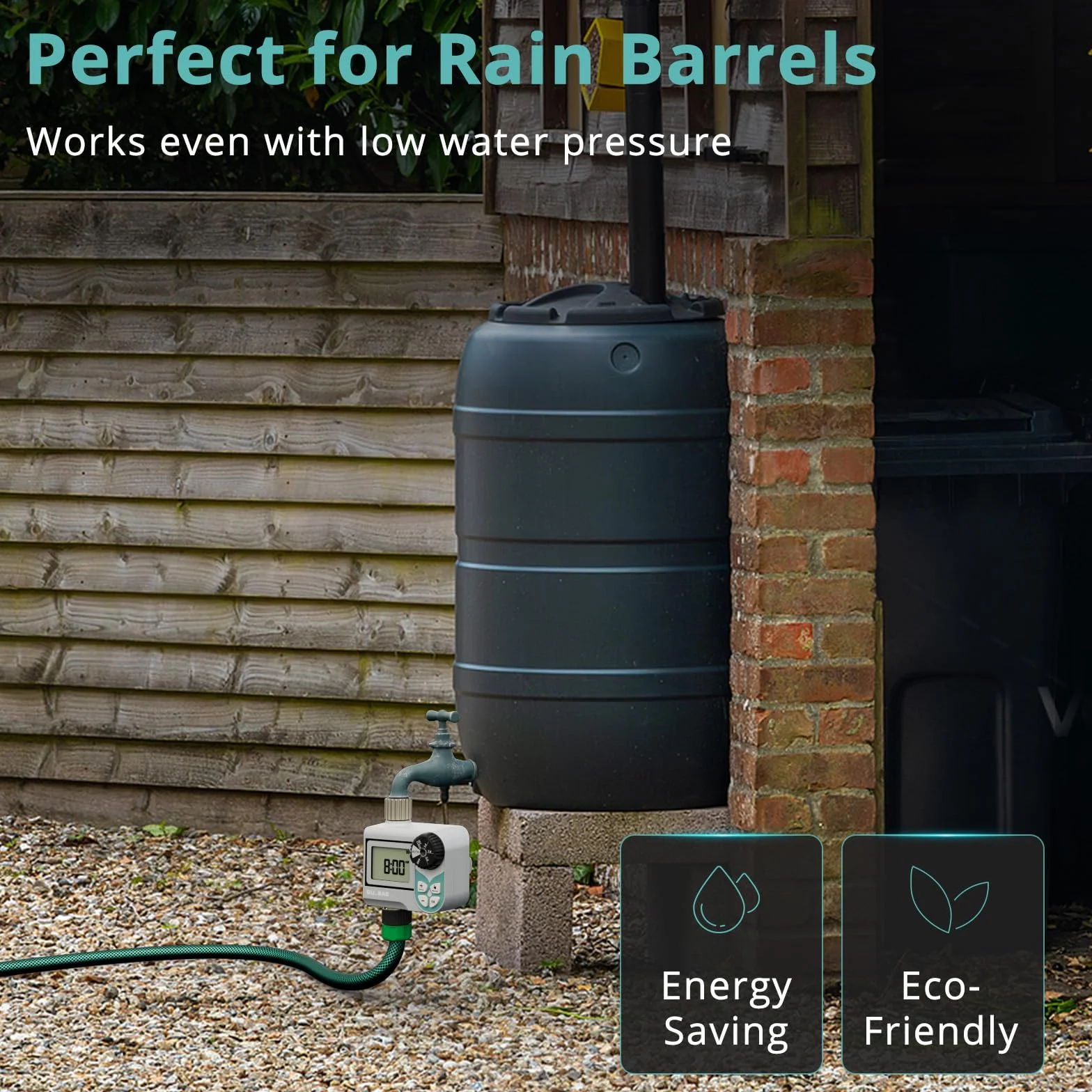 QUOBAS Temporizador de agua de baja presión, temporizador semanal programable con entrada y salida de latón para barril de lluvia, manguera de jardín, con válvula de bola y pantalla impermeable