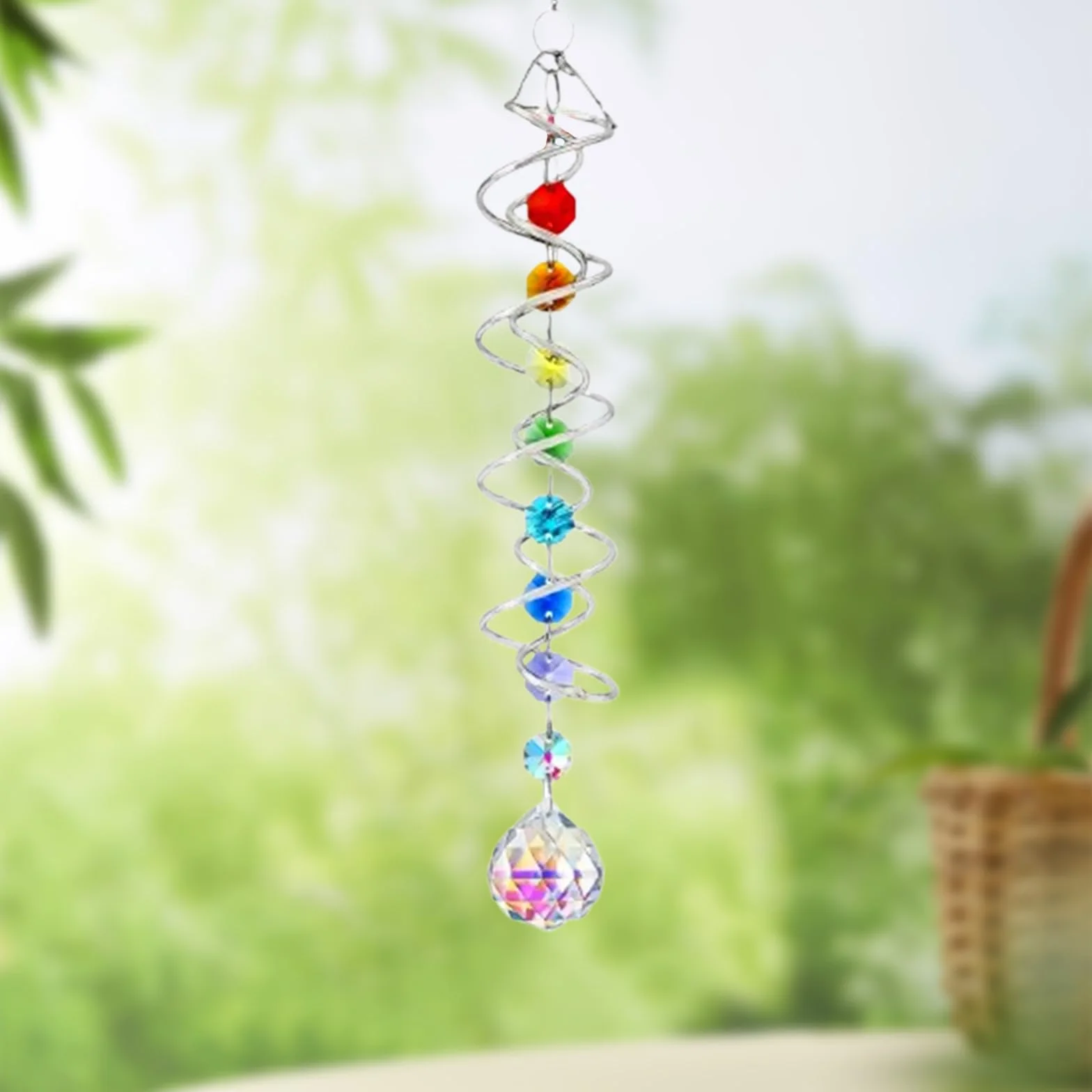 Atrapasol de Cristal 45 cm con Espiral Doble, Colgante Multicolor Carillón de Viento