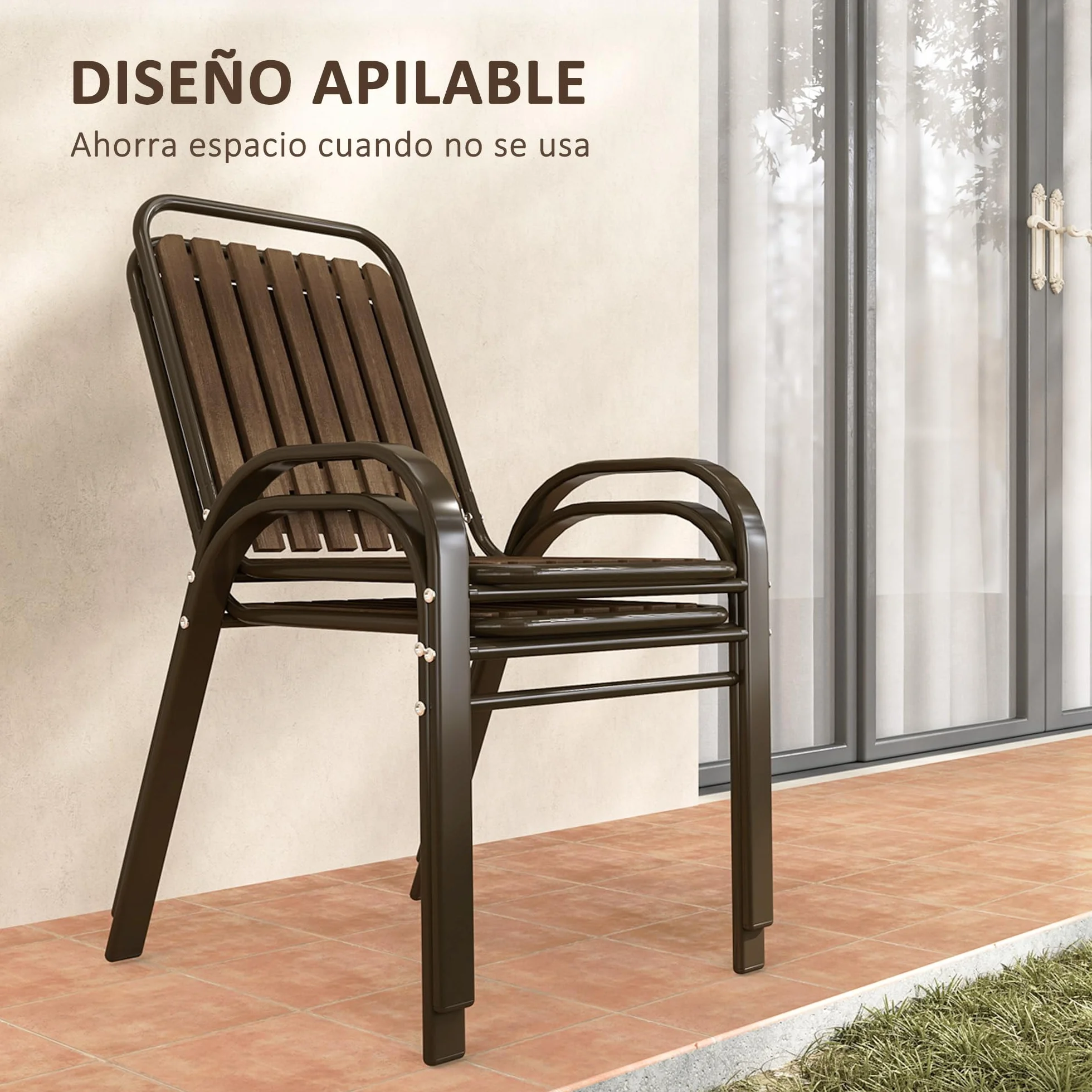 Outsunny Conjunto Jardín 3 Piezas Muebles Jardín Sillas Apilables Mesa Vidrio Templado Acero Terraza Patio Marrón Oscuro