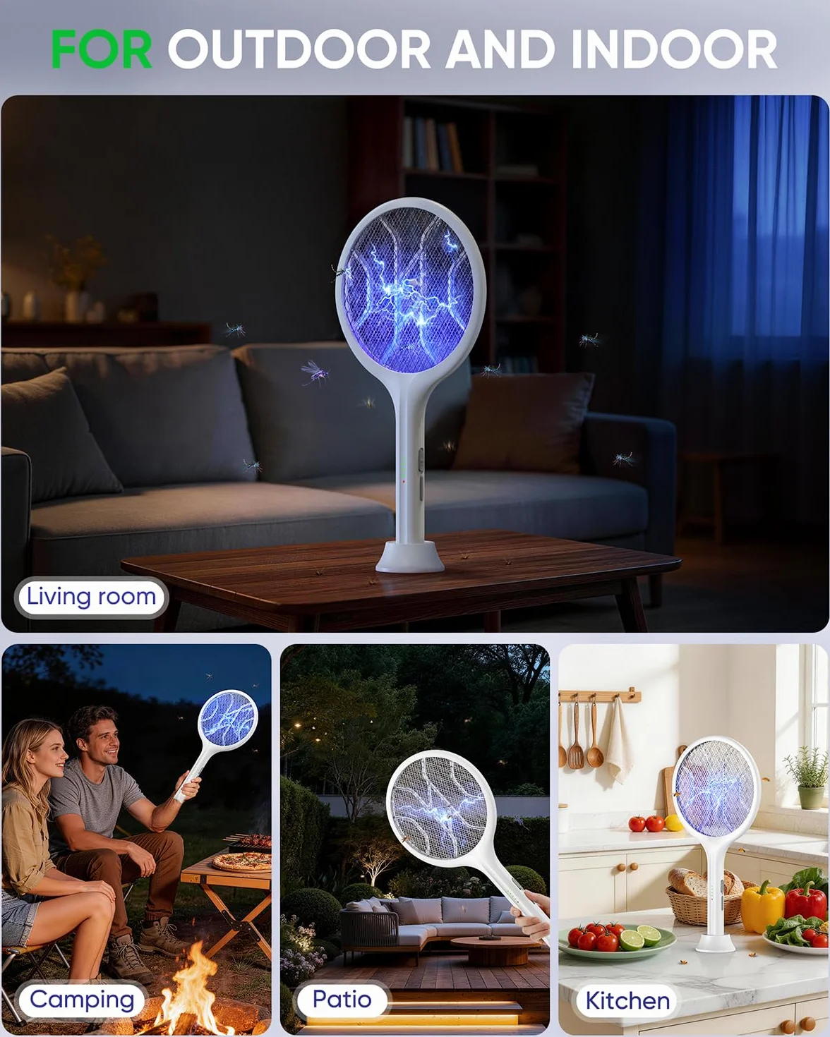VIWAVE Raqueta Mosquitos Electrica 4000V, Matamoscas Electrico Recargable USB-C 1800mAh con Luz UV, 2 en 1, Blanco