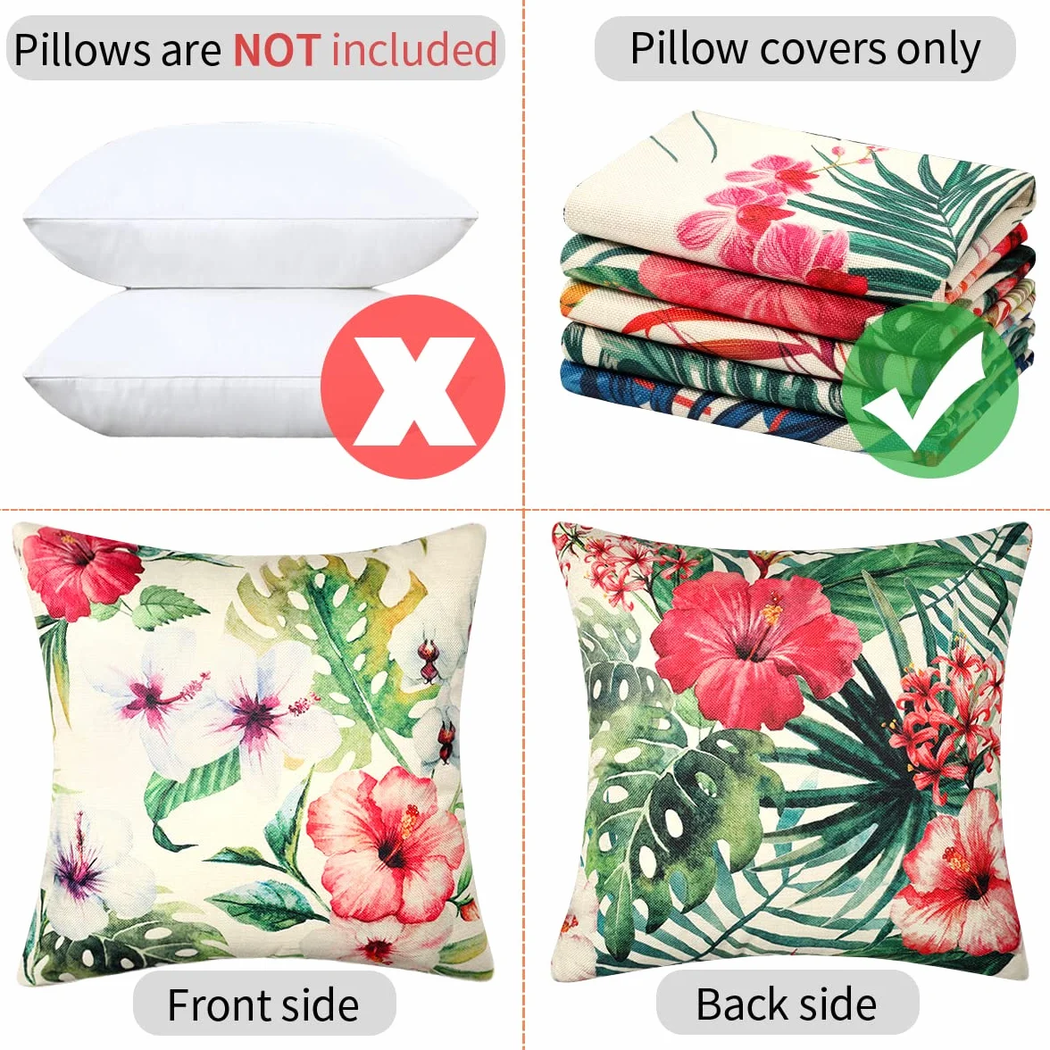 Funda Cojin Exterior Impermeable 45x45 CM Flor Colorida Hojas Monstera Lino Sofa Jardin 2 Piezas