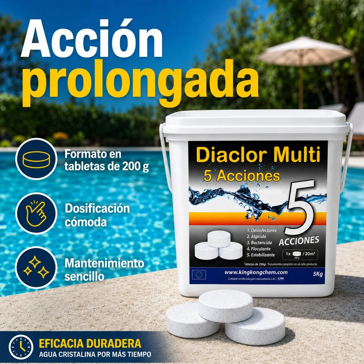 DIACLOR Pastillas de Cloro Lento 200g 5KG 25 Tabletas Multi 5 Acciones para Piscinas