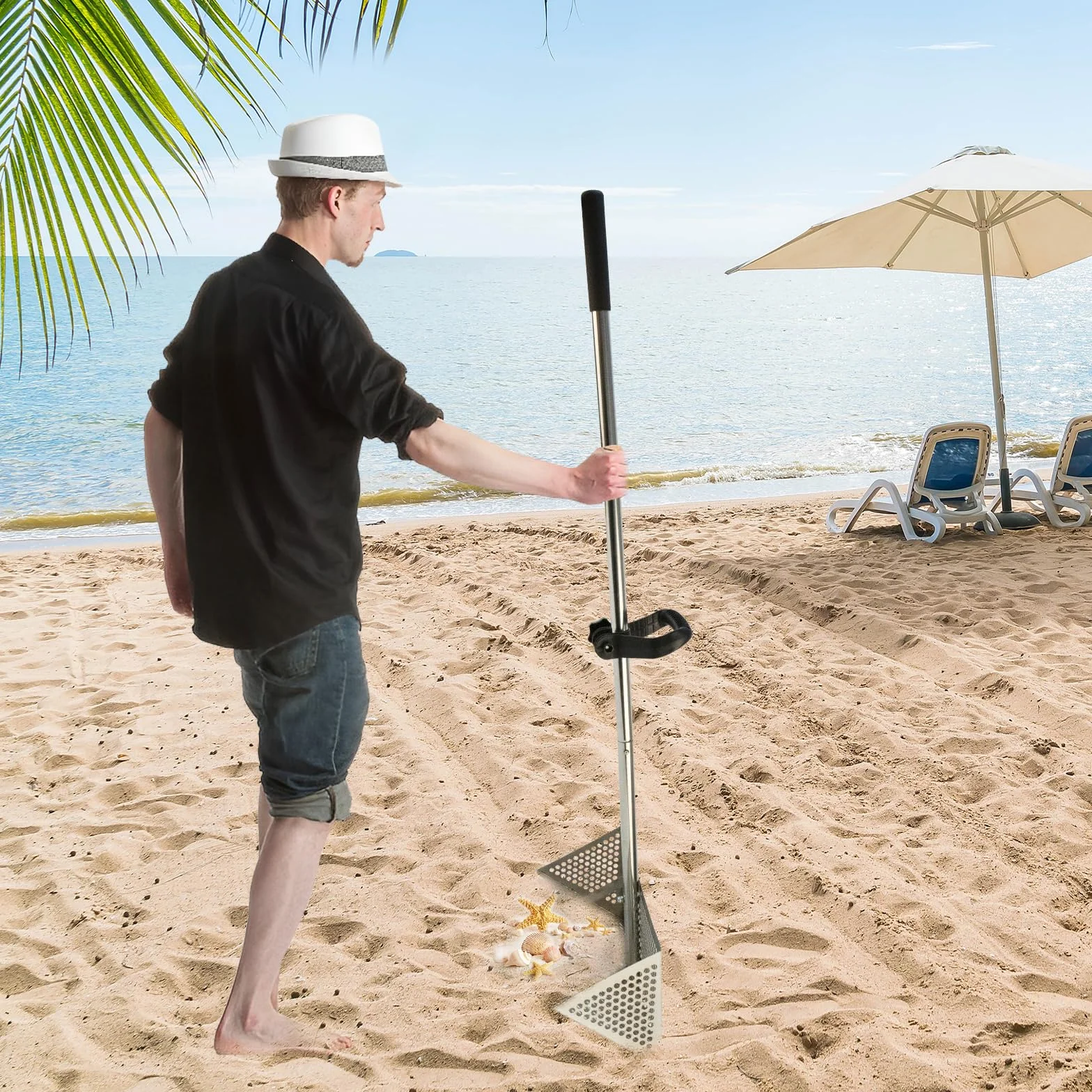 Colador de arena de acero inoxidable con cesta trapezoidal ancha, rastrillo de playa extraíble de mango largo