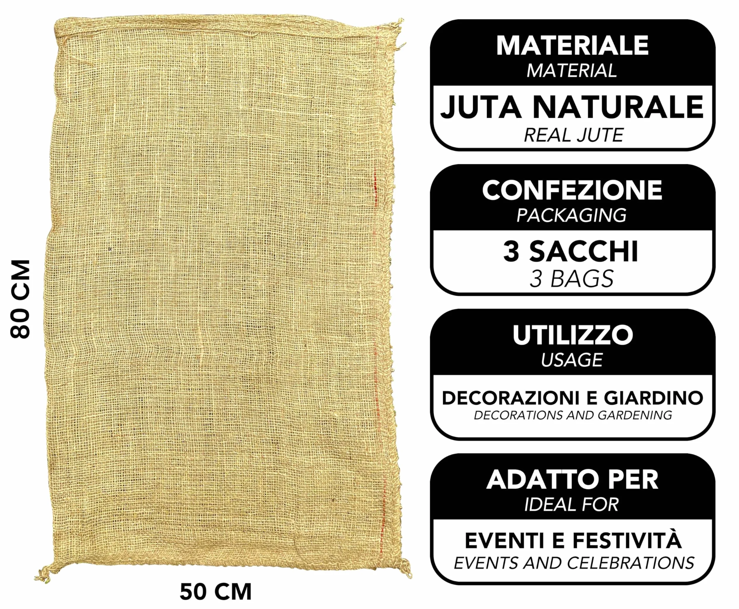 Sacos de yute gran tamaño 80x50 cm Fabricado en Italia 3 unidades