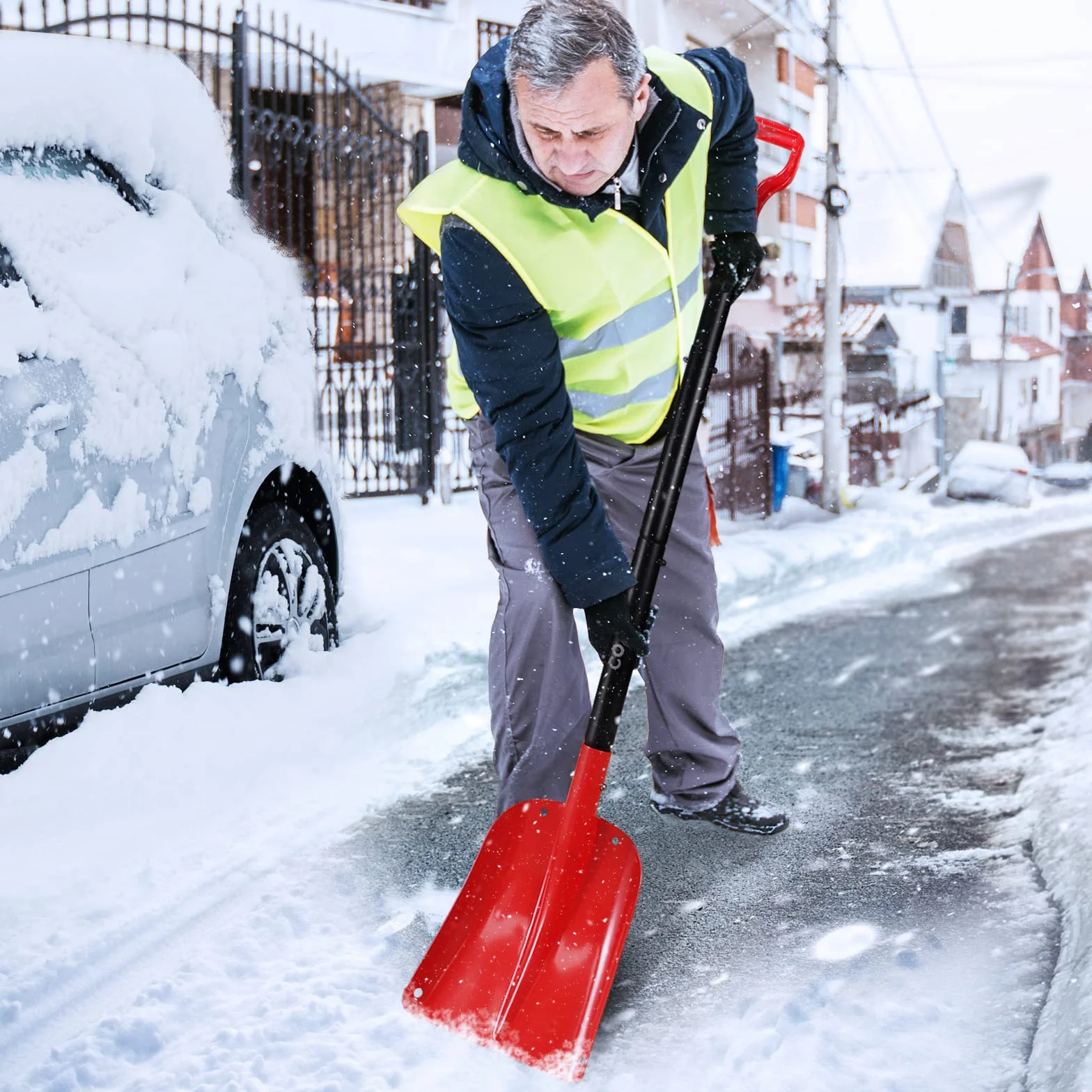 COFIT 120cm Pala Nieve Coche con Mango, Picas Jardineria Portátil para Hielo, Arena, Barro Herramienta Remoción Rojo